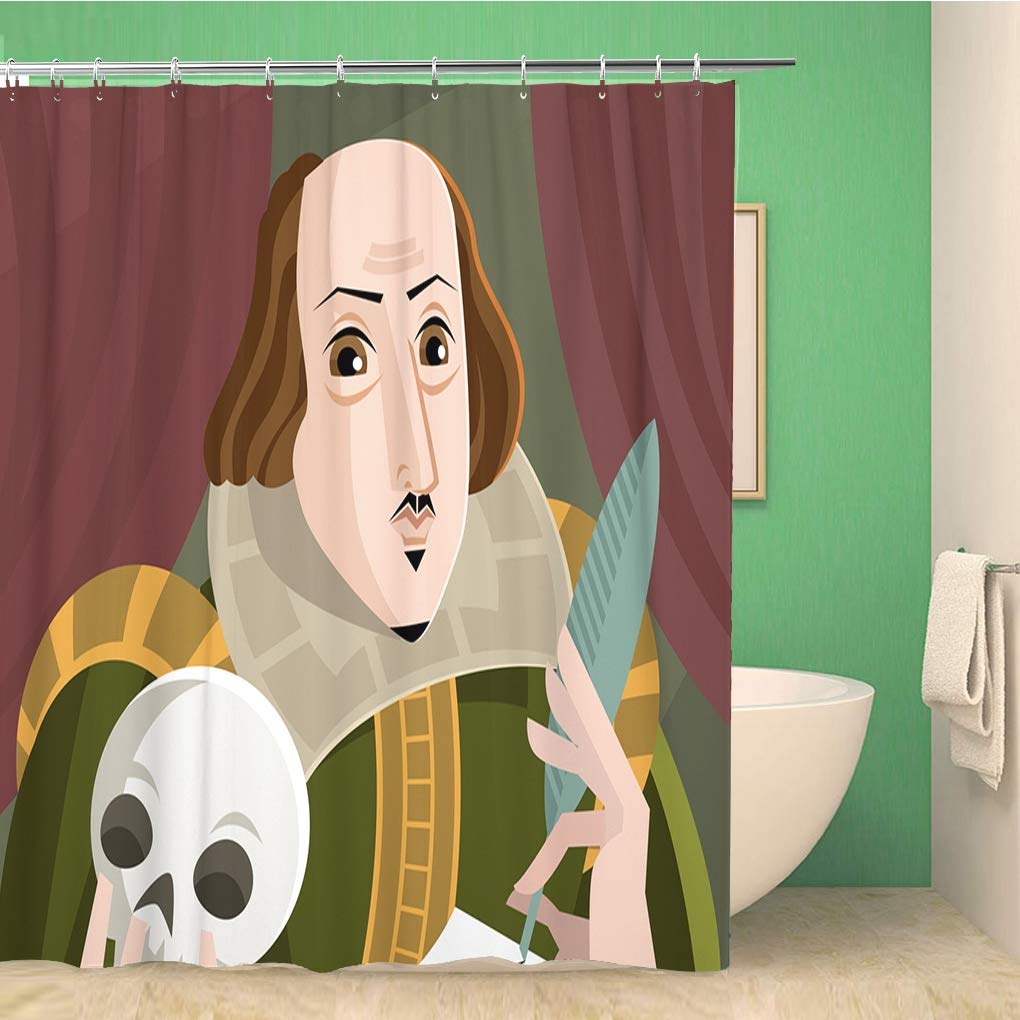 Shakespeare Cartoon Bathroom Shower Curtain - Waterproof Polyester Fabric 72x72 inches with Hooks - Classic Hamlet Feather Design for Literary Fans - Perfect for Themed Bathrooms & Gift Ideas