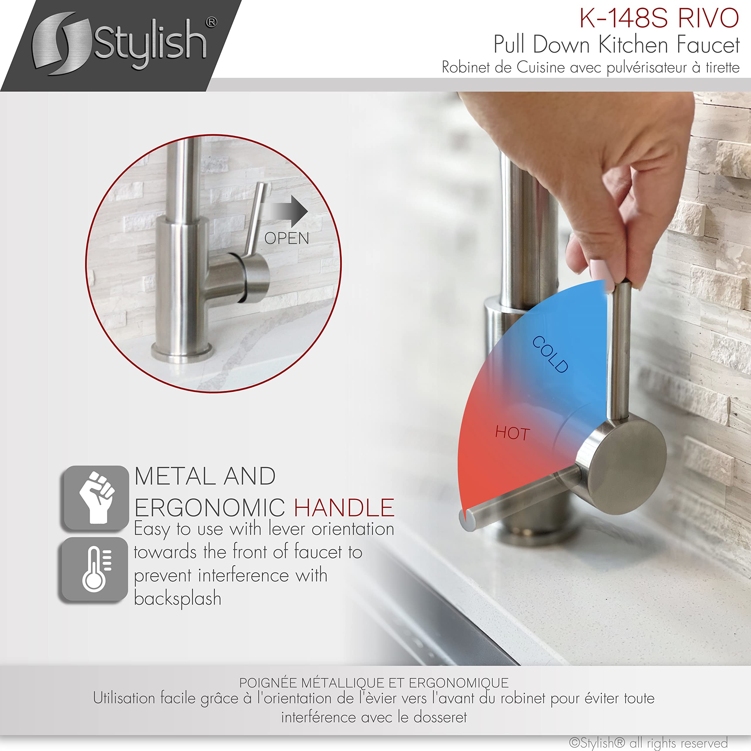 Stylish Single Handle Pull Down Kitchen Faucet with Dual Function Sprayer - Brushed Stainless Steel Finish, Ceramic Cartridge & Aerator - Perfect for Modern Farmhouse & Contemporary Kitchen Renovations (Model K-148S)