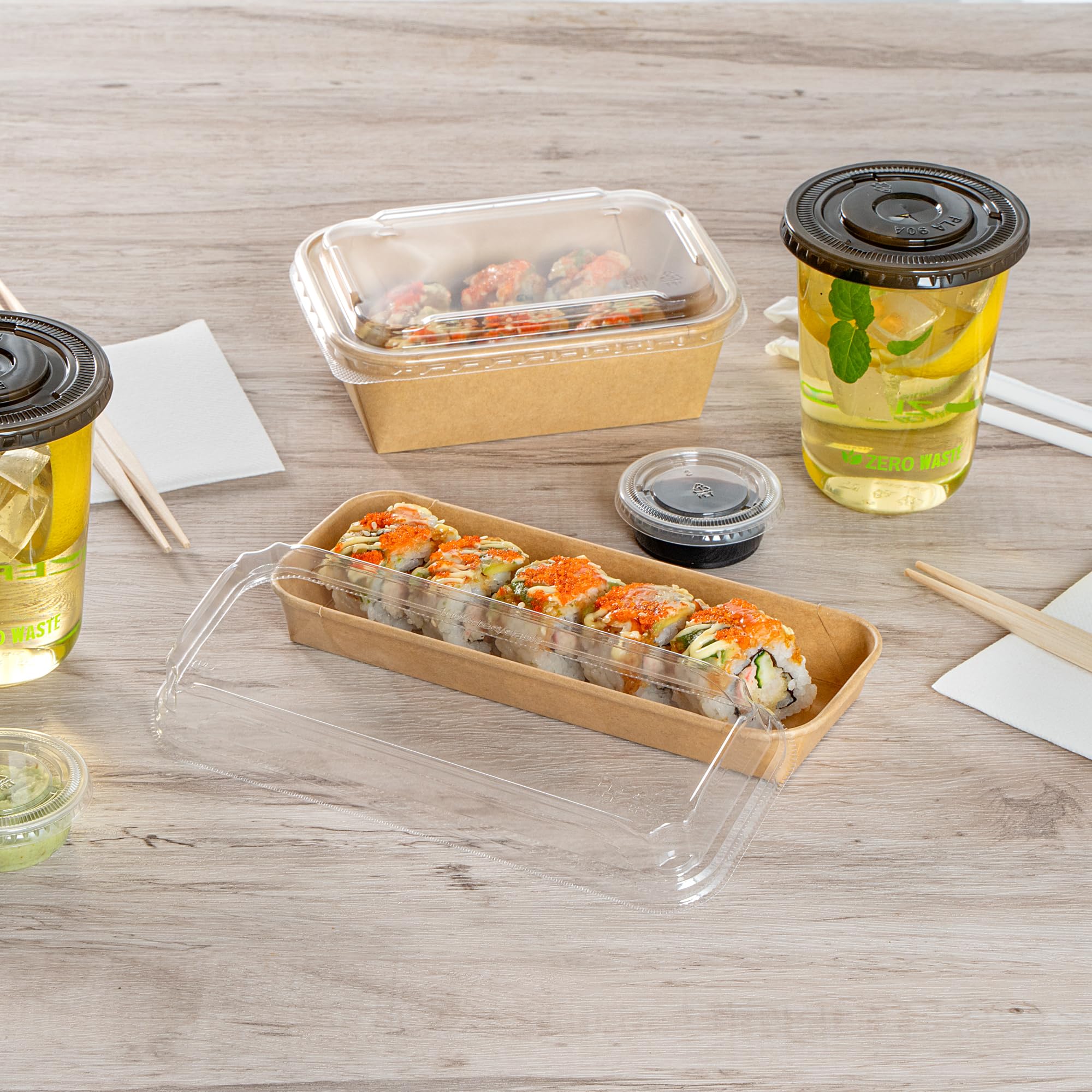 Matsuri Vision 8.8 x 3.7 x 1.2 Inch Clear Plastic Dome Lids for Sushi Containers - 50 Pack Airtight No-Fog Lids (Containers Sold Separately) | Perfect for Sushi Restaurants, Catering, Takeout & Food Storage