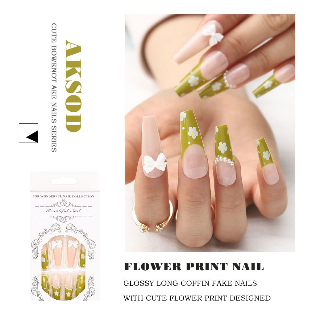 Glossy Green Press on Nails Long Coffin Shape with Cute Flower & Bowknot Design - 24Pcs Full Cover False Nails Set for Women & Girls | French Ballerina Style (B) | Perfect for Parties, Weddings & Special Occasions