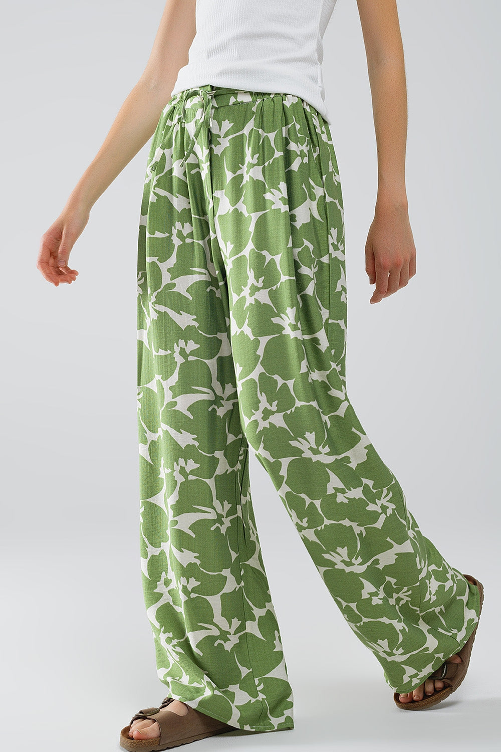 Women's Stretchy Waist Floral Print Pants - Comfortable Green Leaf Design for Casual Wear, Work & Travel