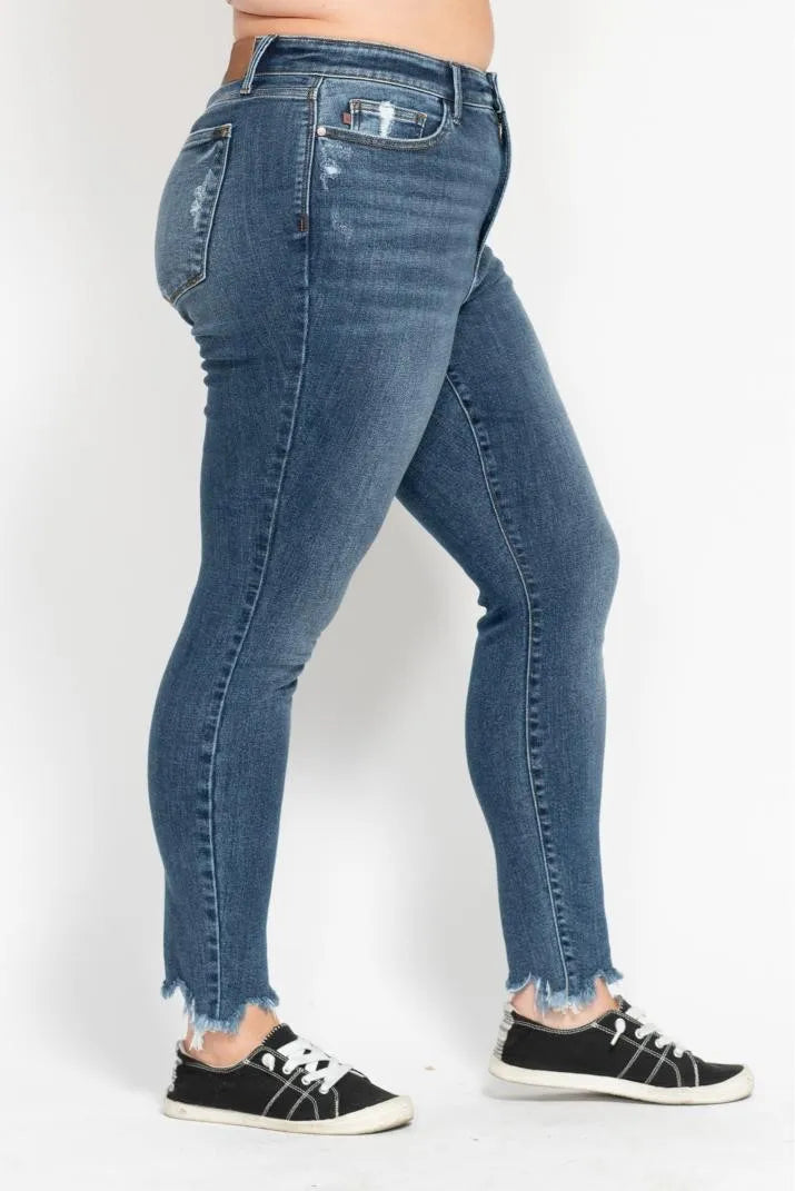 Judy Blue Plus Size High Waist Skinny Jeans with Distressed & Shark Bite Hem - Trendy Women's Denim Pants for Casual Wear & Night Out