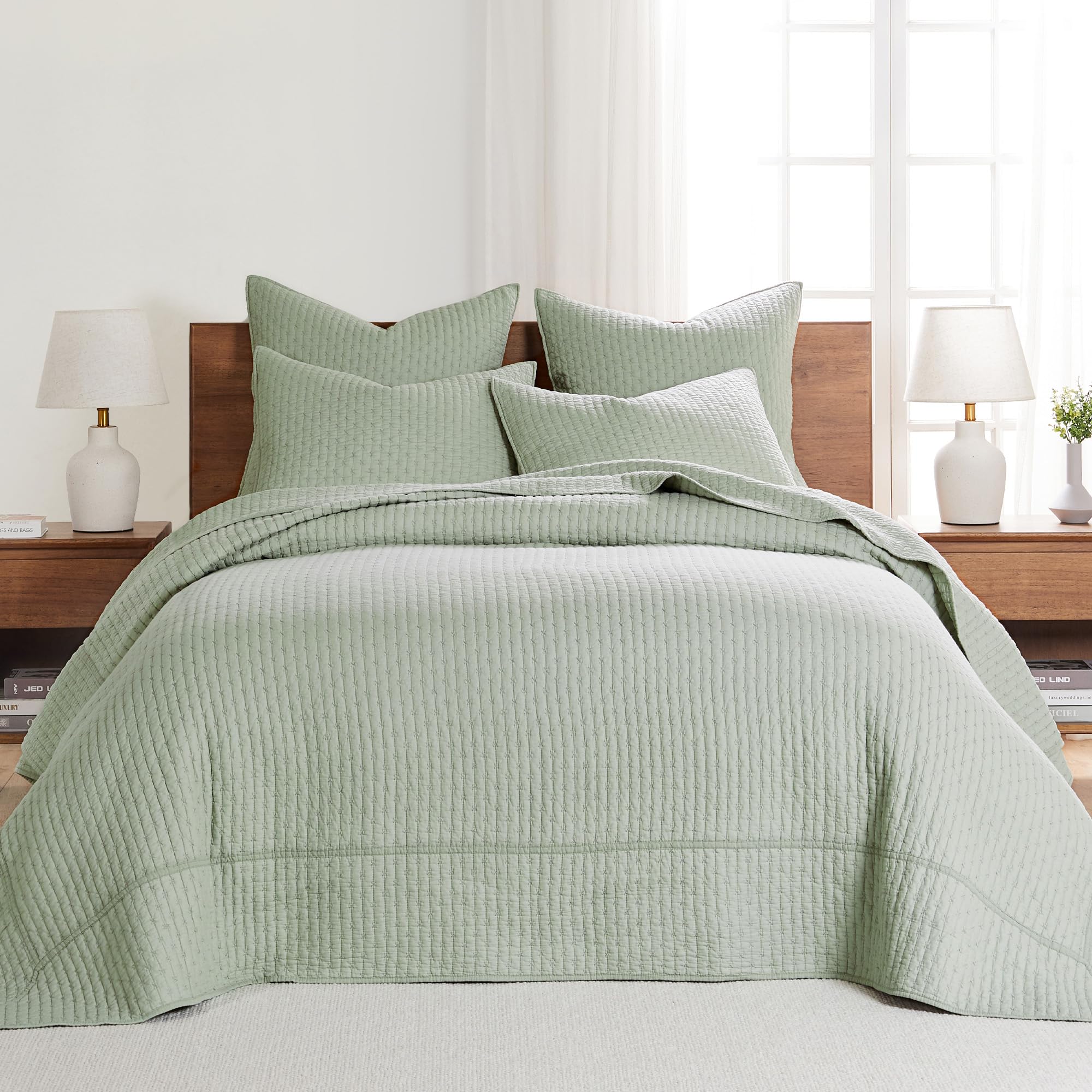 Levtex Home King Size Cross Stitch Desert Sage Quilted Bedspread Set with 2 Shams - 120x104 Inch Cotton Bed Cover & 20x36 Inch Pillow Covers - Southwestern Style Bedding for Master Bedroom, Guest Room & Dorm Decor