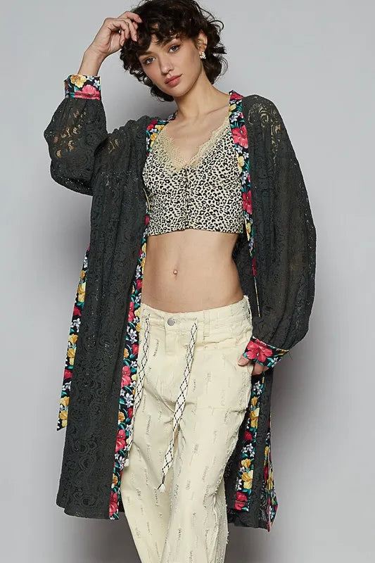 Boho Beachy Floral Trim Lace Open Front Longline Cardigan for Women - Lightweight Summer Cover Up, Beach Wedding, Vacation Outfit, Casual Loungewear