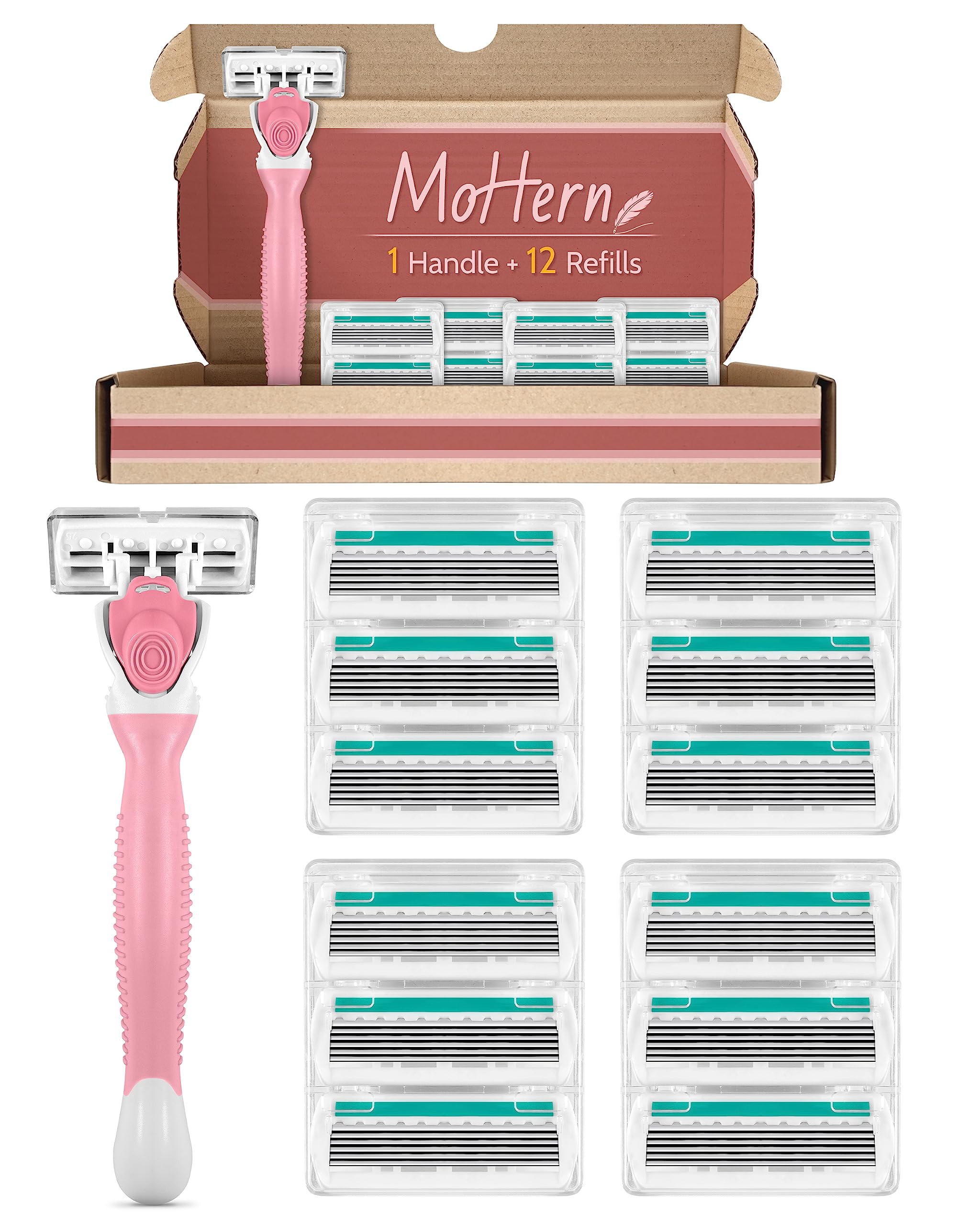 Premium 6-Blade Women's Razor for Sensitive Skin with 12 Refills & Travel Razor - Pink | Smooth Shaving for Legs, Underarms & Bikini Area | Gentle & Hypoallergenic