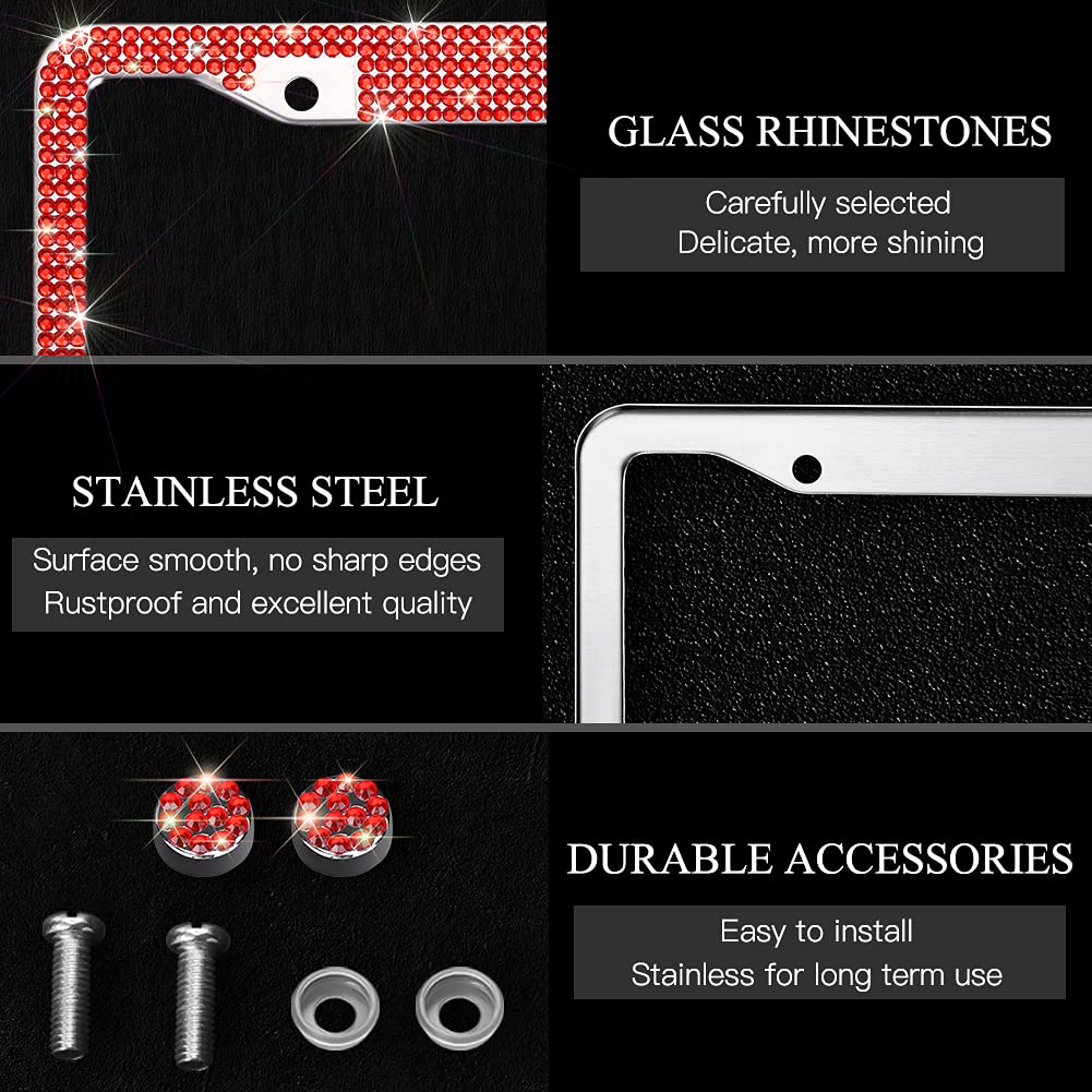 OTOSTAR Bling Rhinestone License Plate Frame with Ribbon Bow - Premium Stainless Steel 2 Hole Holder with Anti-Theft Screws (Red/Red Bowtie) - Perfect for Car Decoration & Gift Giving