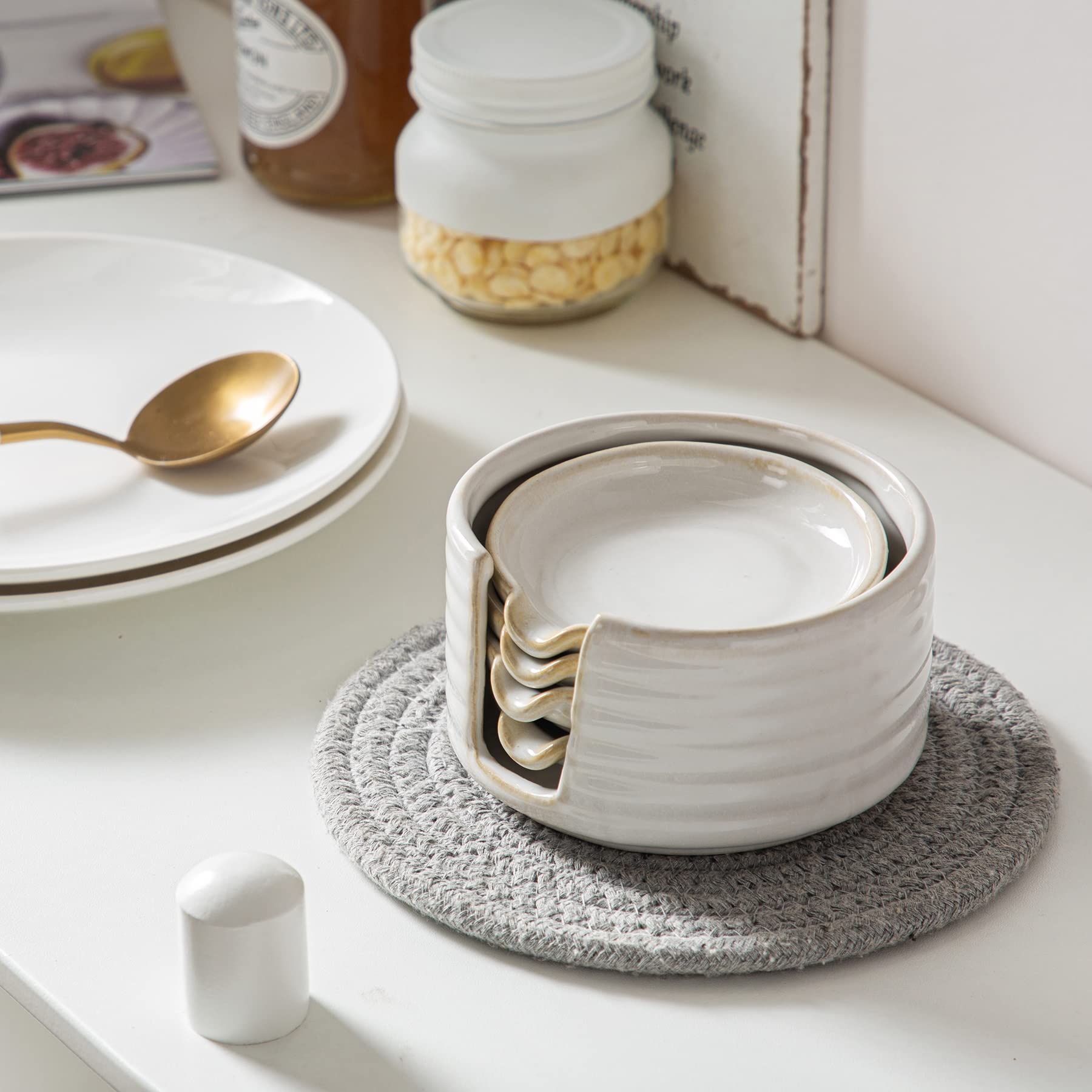 Ceramic Spoon Rest Set of 4 - Kitchen Utensil Holder for Cooking, Soy Sauce Dishes & Dipping Bowls - Cream Color Home Essentials for Countertop Organization & Asian Cuisine Prep