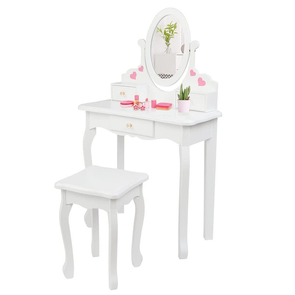 YeSbTx Wooden Kids Vanity Set with Mirror - Princess Makeup Dressing Table & Stool, 3-Drawer Freestanding Play Vanity for Girls - Pretend Play, Birthday Gift, Bedroom Decor (Pink/White) | Perfect for Dress-Up Games, Role Play & Imaginative Playtime