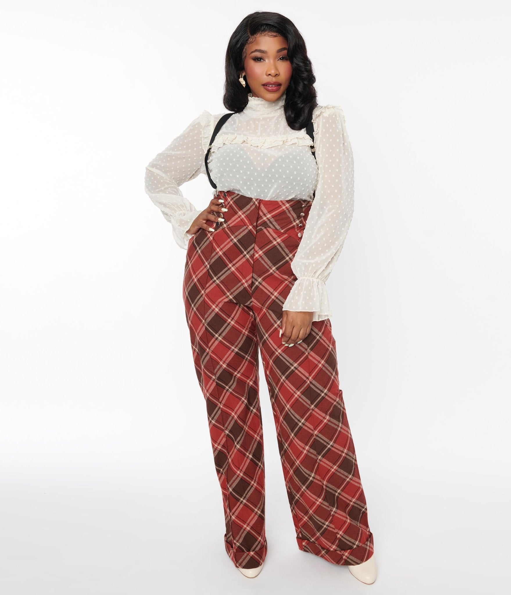 Vintage 1940s Red & Brown Plaid Wide Leg Suspender Pants for Women - Retro High Waist Trousers with Adjustable Straps - Perfect for Cosplay, Themed Parties & Vintage Fashion Lovers