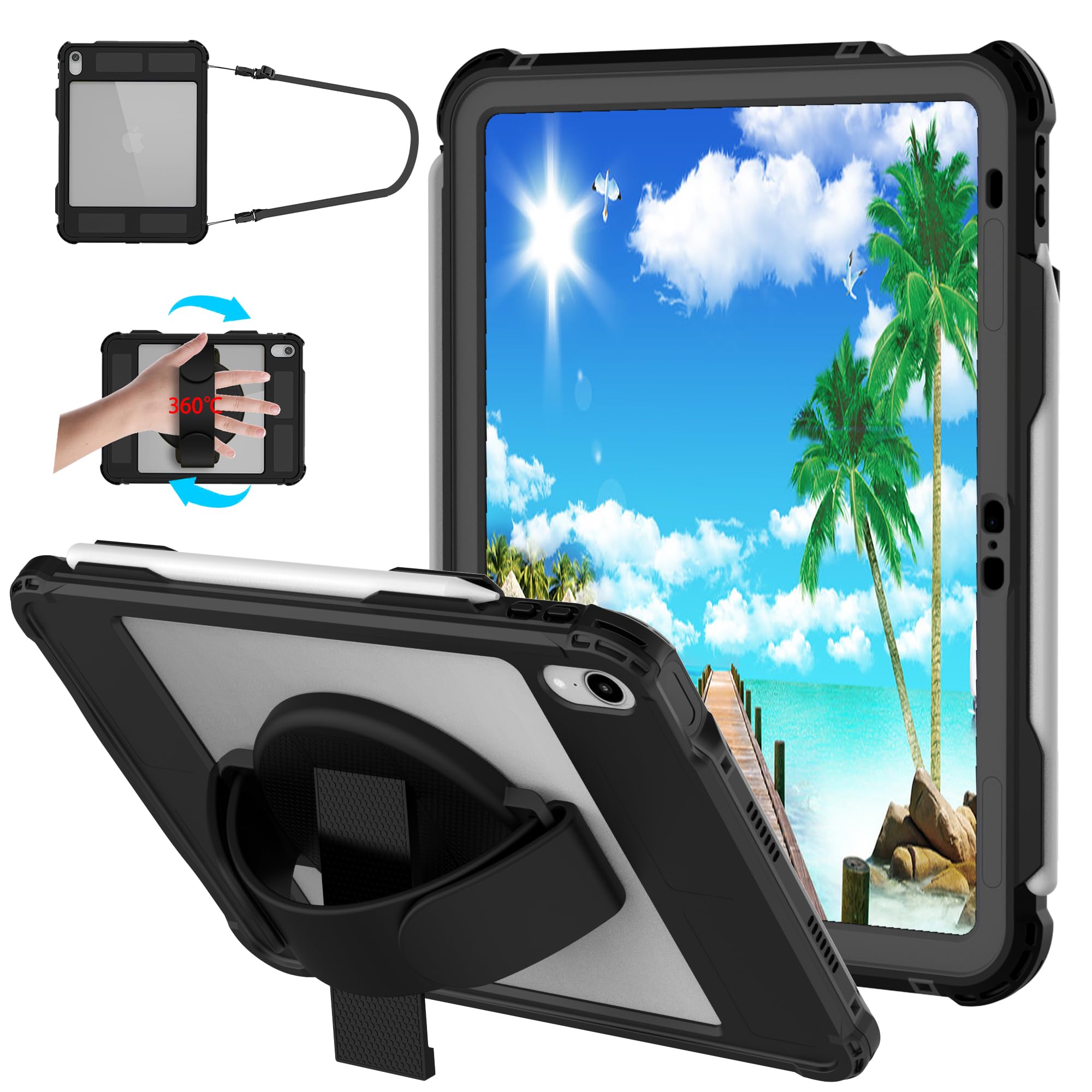 2025 iPad 10th Gen 10.9'' Waterproof & Shockproof Heavy Duty Case - 360° Full Protection with Built-in Screen Protector, Pencil Holder & Kickstand | Compatible with Magic Keyboard | Includes Shoulder Strap | Perfect for Outdoor Adventures, Travel & Daily Use (Black)