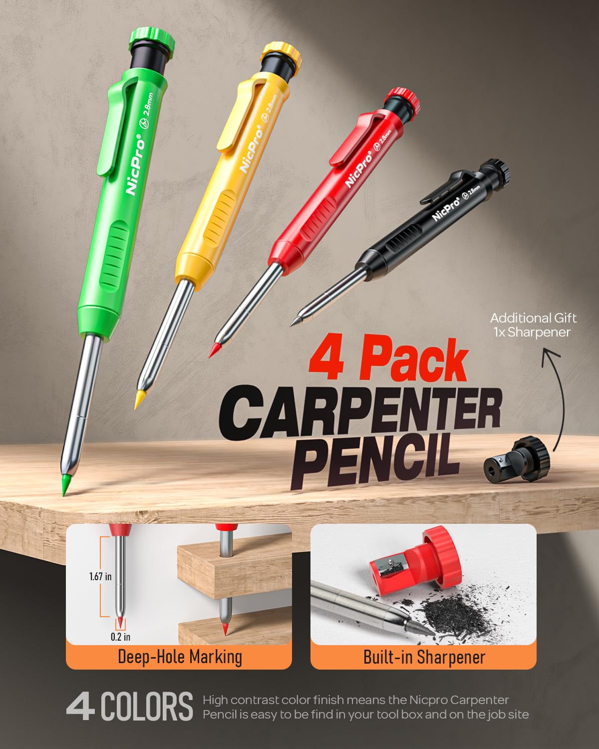 Nicpro 4 Pack Carpenter Pencils with Sharpener - Heavy Duty Mechanical Woodworking Pencils with 52 Refills for Architects, Builders & Contractors (Red, Black, Yellow, Blue) - Perfect for Construction Sites, Woodworking Projects & Drafting