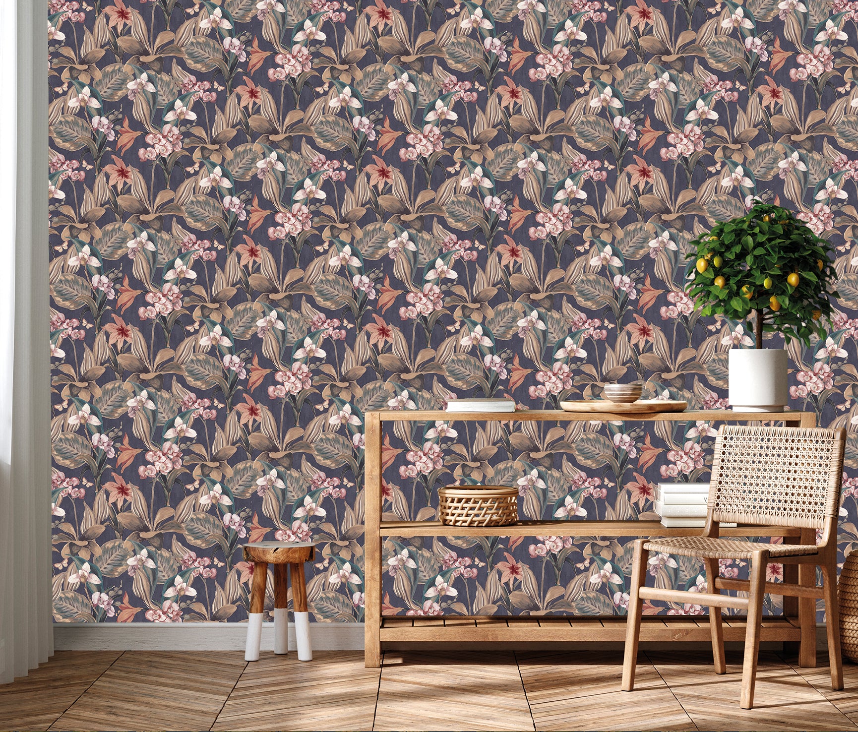 Dark Blue Hand Painted Orchids Floral Wallpaper R8143 - Premium Peel & Stick Wallpaper for Bedroom, Living Room & Nursery Decor
