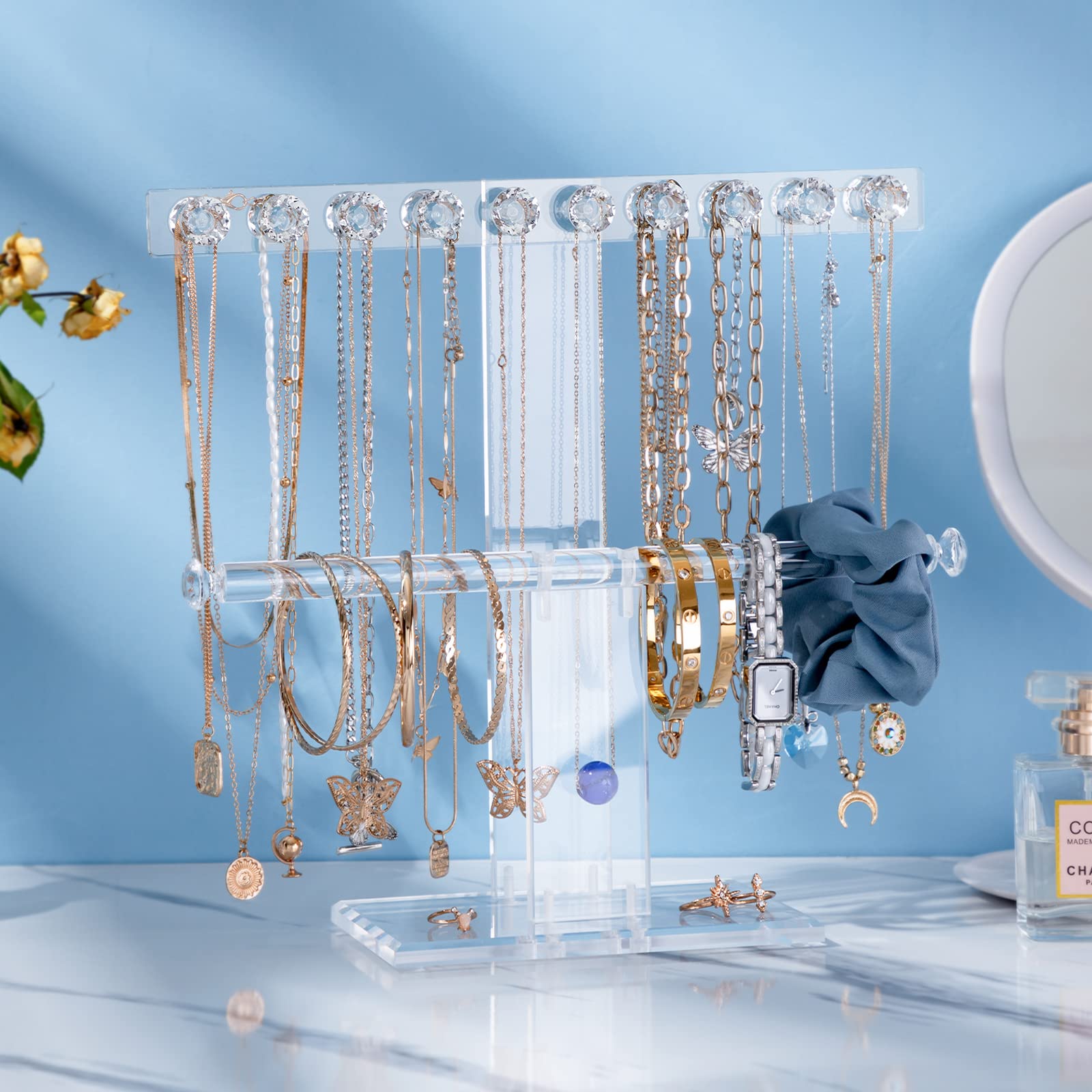 2-Tier Acrylic Jewelry Stand with 18 Diamond Hooks - Clear Necklace Organizer for Watches & Bangles - Perfect Jewelry Display & Gift for Women - Ideal for Bedroom Vanity, Boutique Store, and Wedding Jewelry Showcase