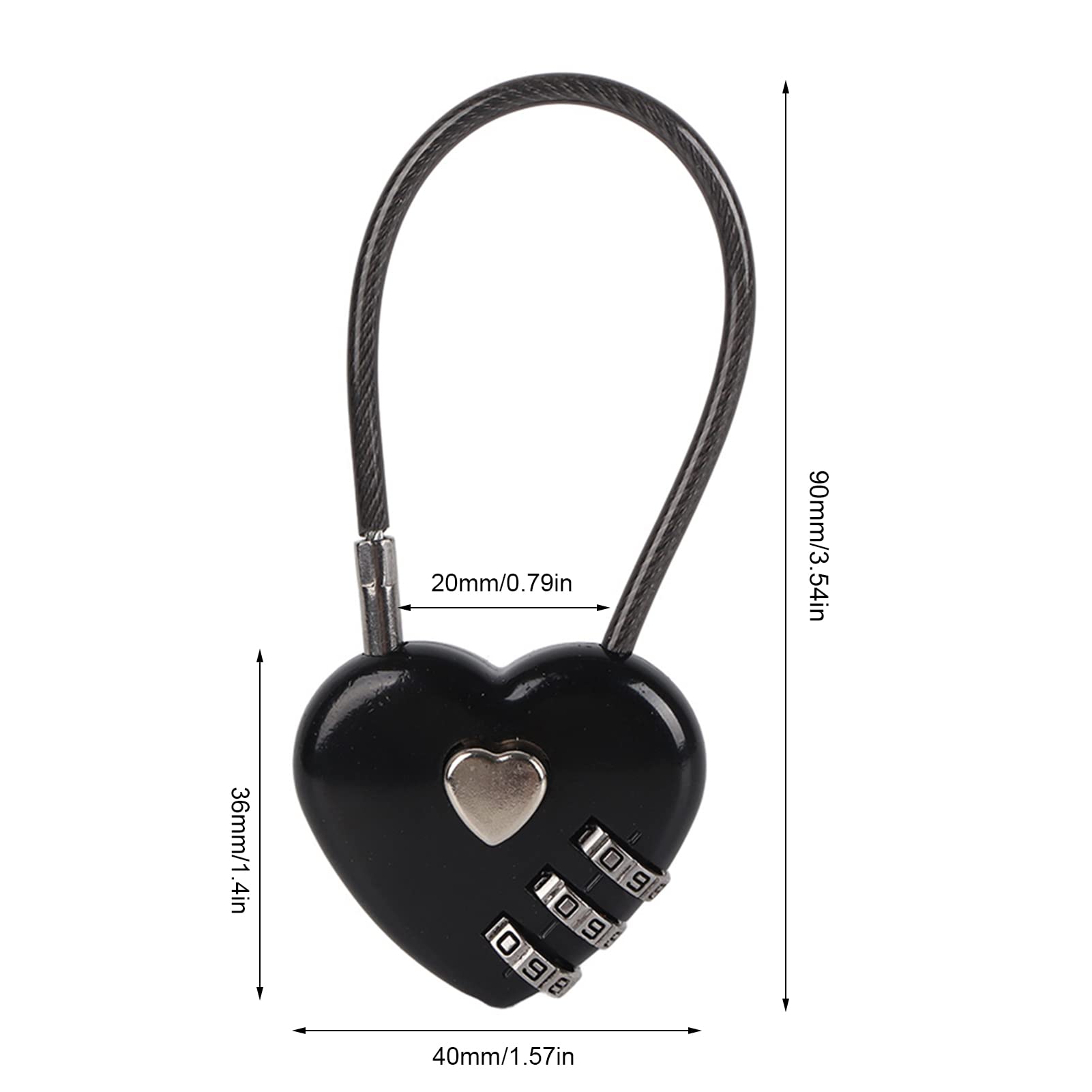 Heart Shaped 3-Digit Combination Lock - Mini Zinc Alloy Couple Padlock for Luggage, Backpack, Diary & Suitcase - Secure Your Belongings in Style (Black)
