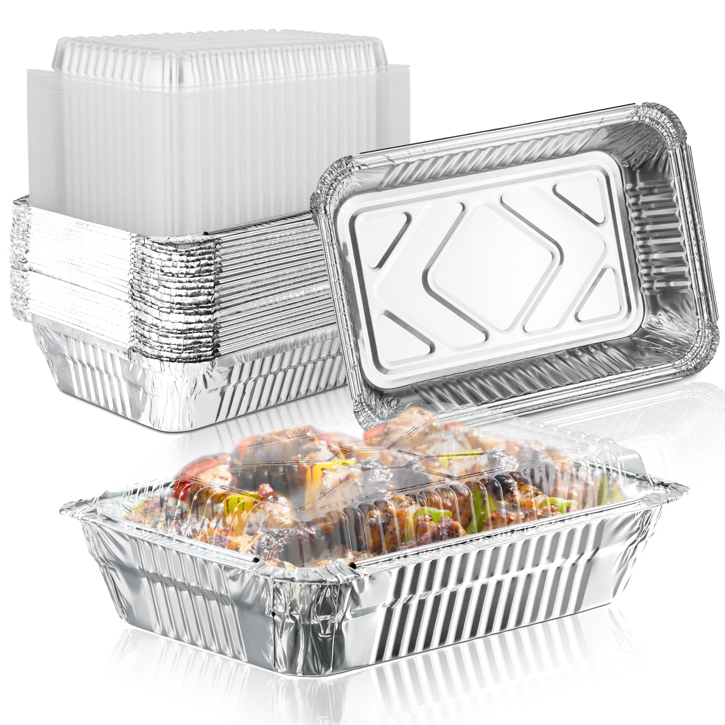50 Pack 2.25 lb Disposable Aluminum Foil Pans with Clear Lids - 8.5 x 6.15 x 2.15 Inch Freezer & Oven Safe Food Containers for Meal Prep, Catering, Takeout & Baking - Perfect for Restaurants, Food Delivery & Home Cooking
