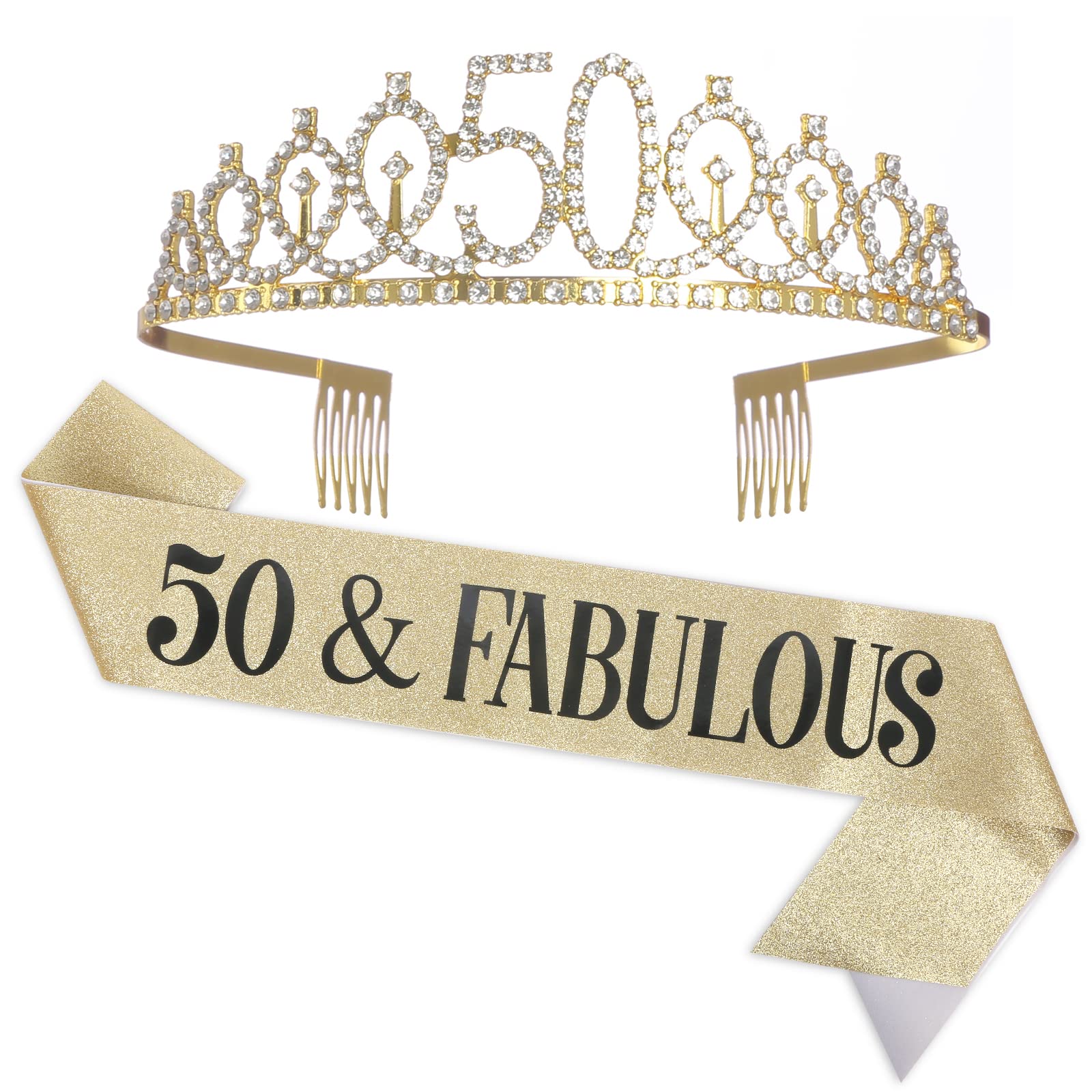 50th Birthday Sash & Tiara Set for Women - Gold 50 & Fabulous Birthday Crown & Sash - Queen's 50th Birthday Party Decorations & Gifts - Perfect for Milestone Celebrations, Bachelorette Parties & VIP Events