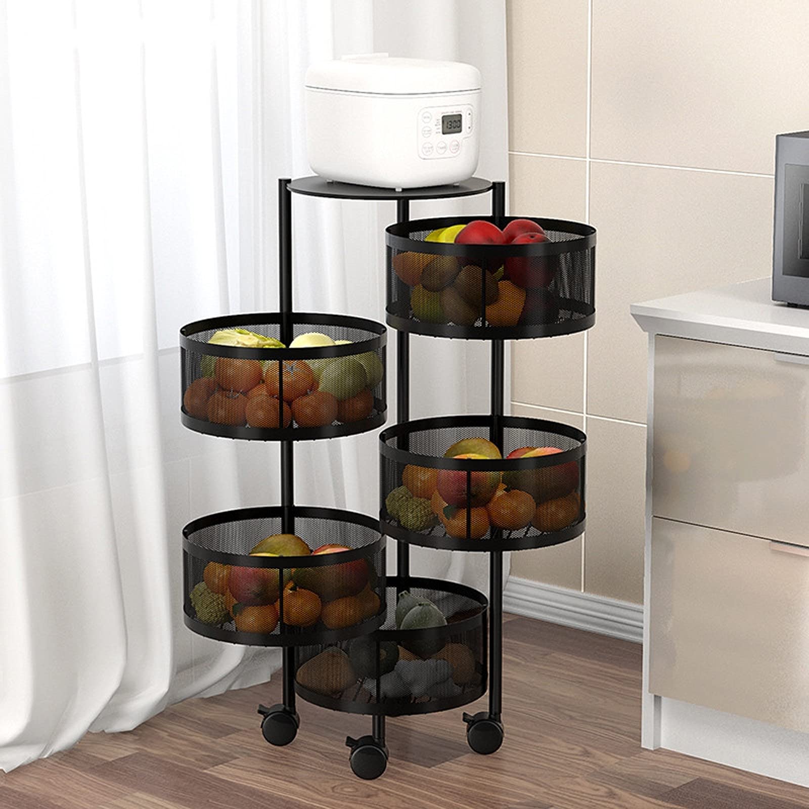 Rotating Kitchen Storage Rack - 5-Tier Black Organizer for Fruits, Vegetables & Household Items - Perfect for Kitchen, Living Room & Bathroom