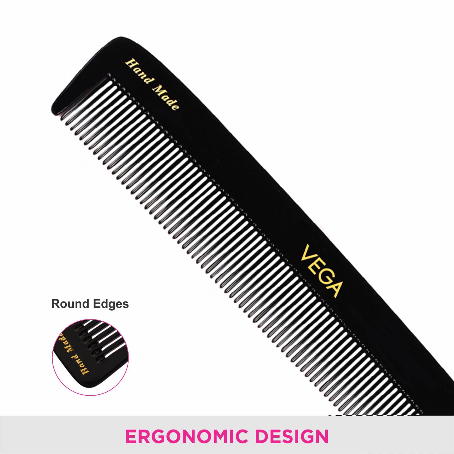 Vega Dressing Hair Comb - Handmade Wooden Comb for Men & Women | India's No.1 Hair Care Brand | Black (HMBC-123) | Perfect for Styling, Detangling & Scalp Massage