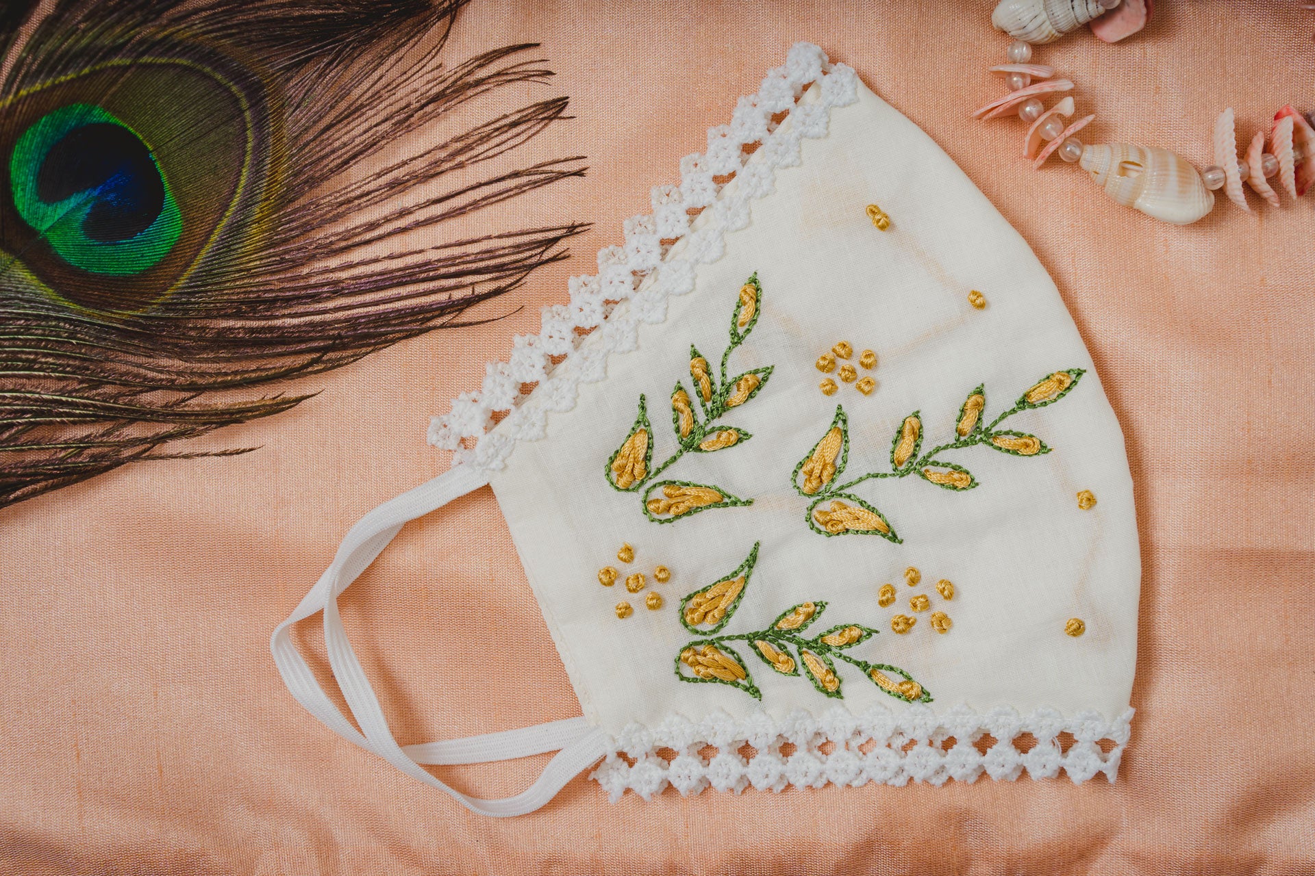 Cream Cotton Lace Face Mask with Floral Embroidery - Breathable & Stylish for Daily Wear, Parties & Special Occasions