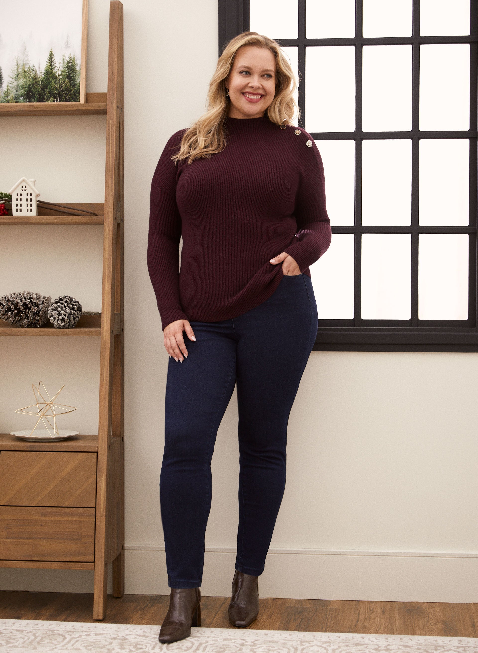 Elegant Crystal Button Mock Neck Sweater for Women - Soft Knit Pullover Top for Fall & Winter - Perfect for Office, Date Night & Casual Outings