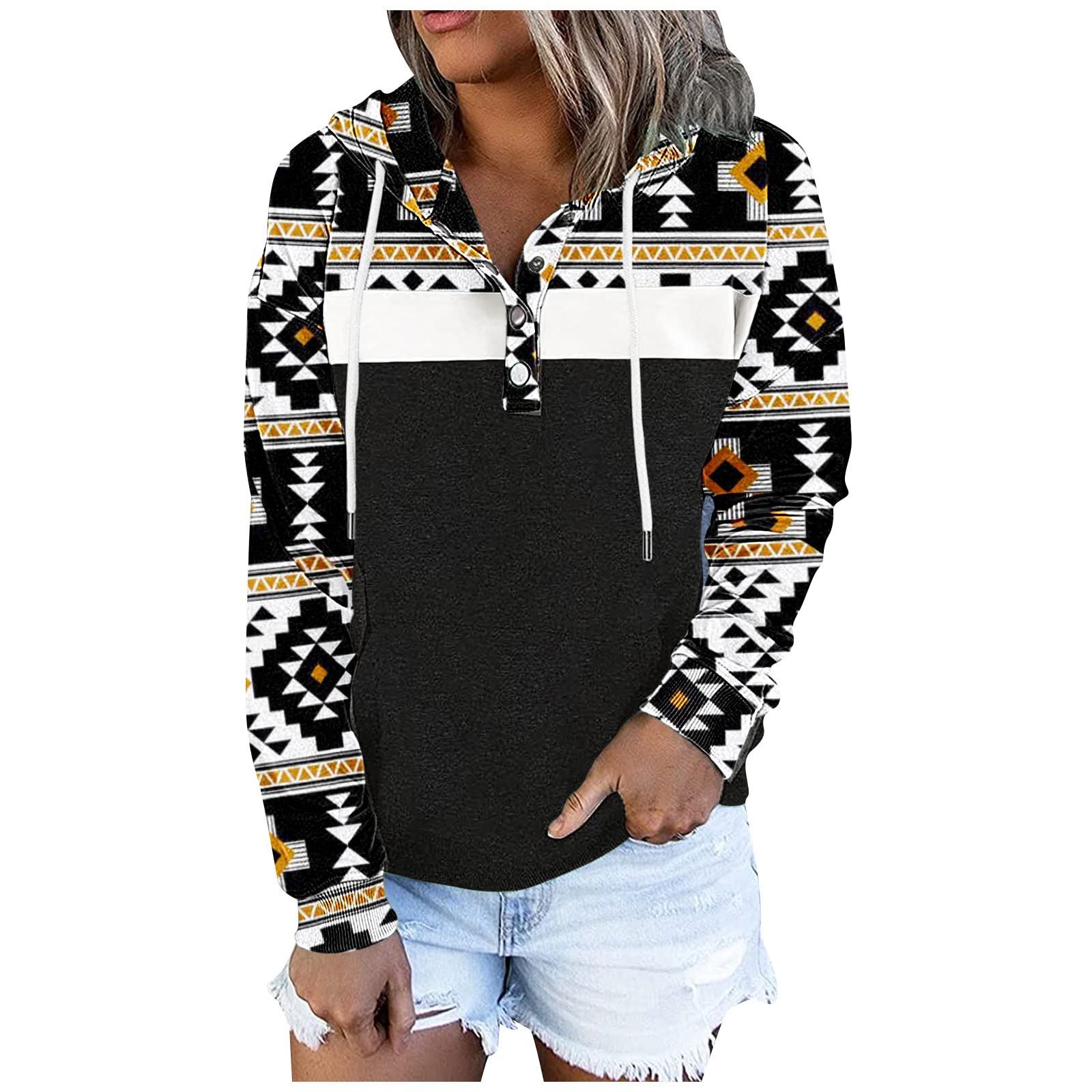 HAOREEKZ Women's Aztec Geometric Print Hoodie - Long Sleeve Color Block Pullover Sweatshirt with Drawstring for Casual Wear & Street Fashion