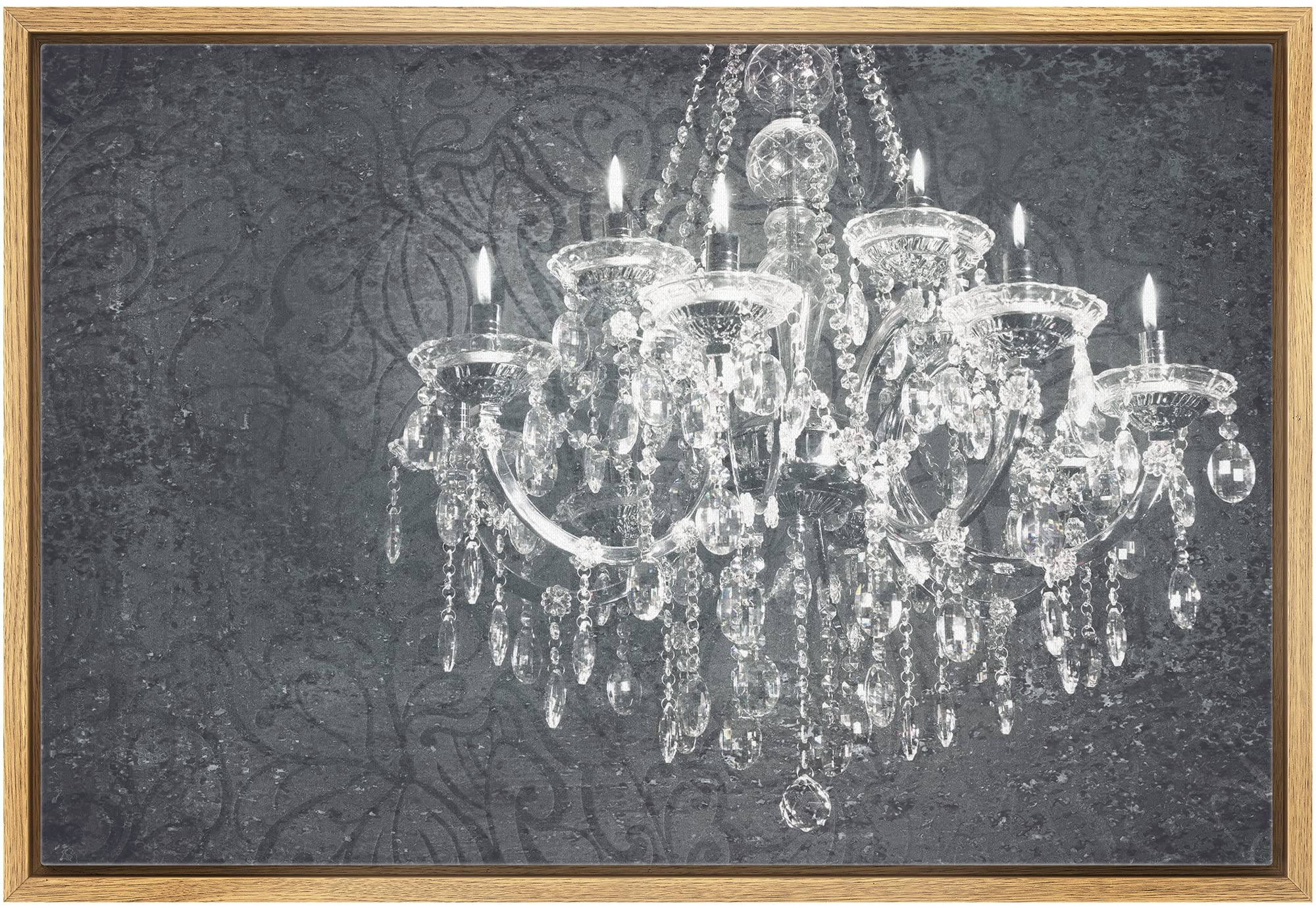 Wall26 Framed Canvas Print - Crystal Chandelier Silhouette Floral Pattern Modern Wall Art for Living Room, Bedroom, Office Decor | 16x24 Inch Natural Wood Frame | Perfect for Home Decor, Wedding Gift & Spa Relaxation