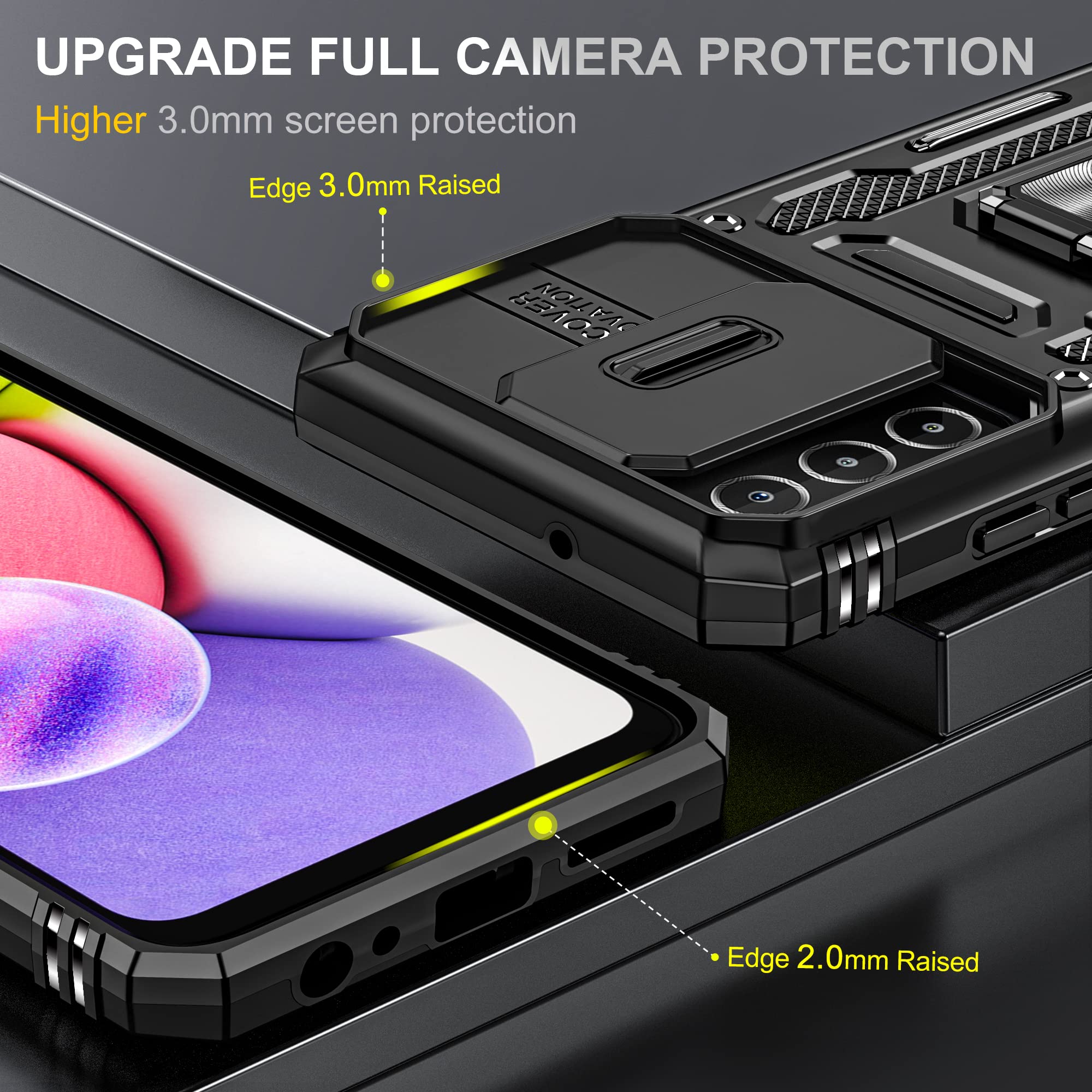 Galaxy A03S Case with Camera Cover & 360° Kickstand - Military Grade Shockproof Protective Phone Cover for Samsung A03S (Black) | Includes Screen Protector | Perfect for Outdoor Activities, Work & Travel