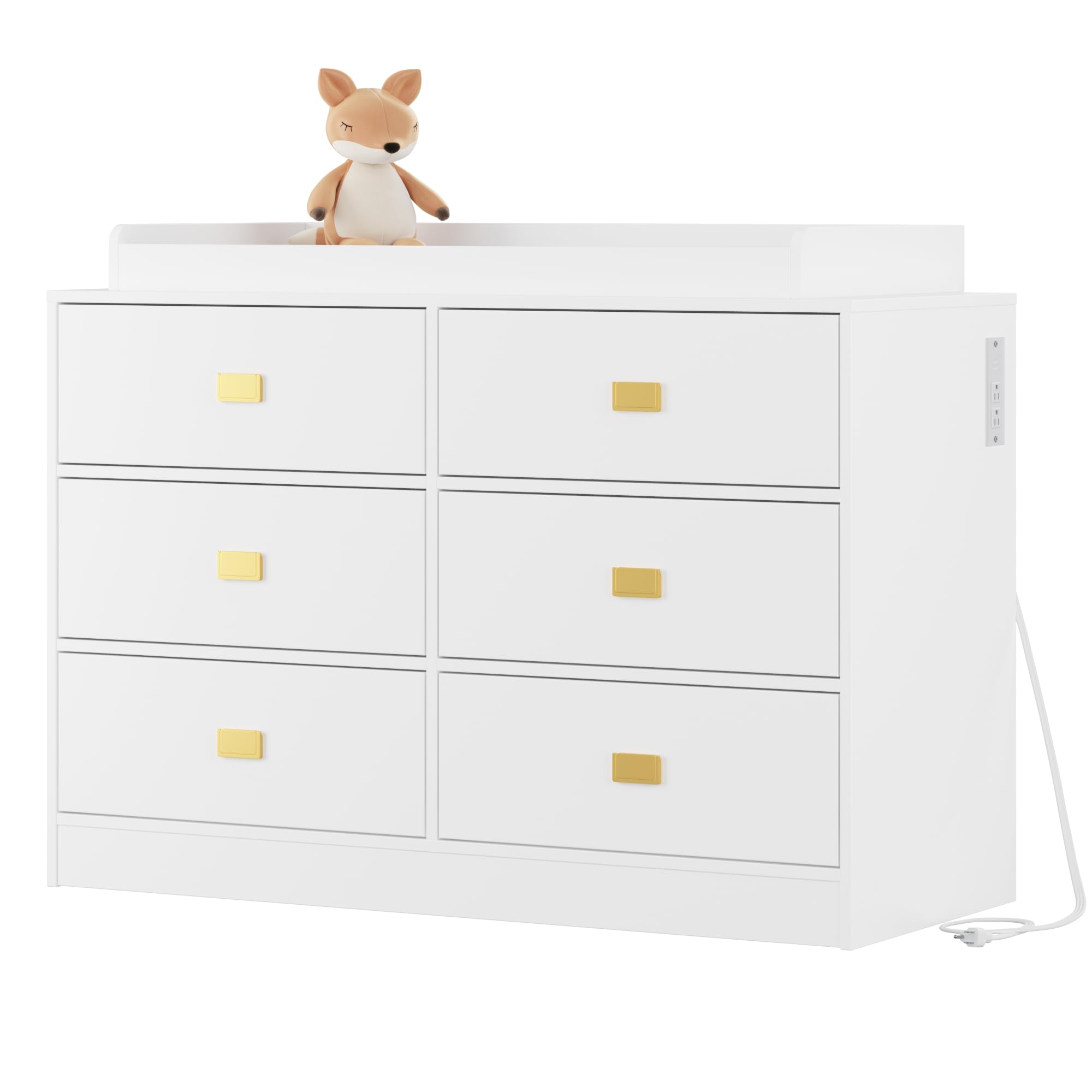 White 6-Drawer Nursery Dresser with Changing Table Top, Power Outlets & Removable Pad - Baby Changing Station for Bedroom & Nursery Organization - Perfect for Diaper Changes, Storage & Nursery Decor