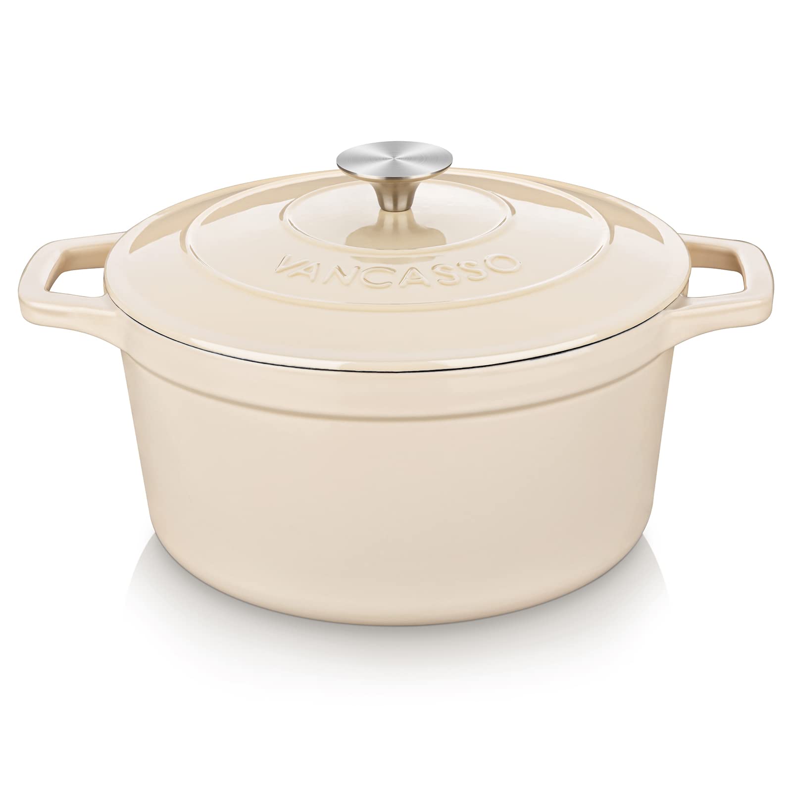 Vancasso 6 QT Enameled Cast Iron Dutch Oven with Lid - Dual Handles, Non-Stick Coating for Baking Bread, Soups & Stews - Perfect for Kitchen, Camping & Outdoor Cooking (White)