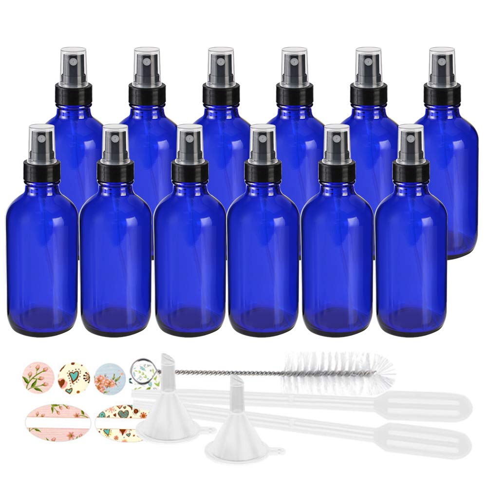 STARSIDE 12 Pack 120ml (4oz) Blue Glass Spray Bottles with Fine Mist Sprayer & Dust Cap - Essential Oil Bottles, Perfume Atomizers, Cleaning Solution Containers - Includes 1 Brush, 2 Funnels, 2 Droppers & 18 Labels - Perfect for DIY Beauty, Aromatherapy & Home Cleaning