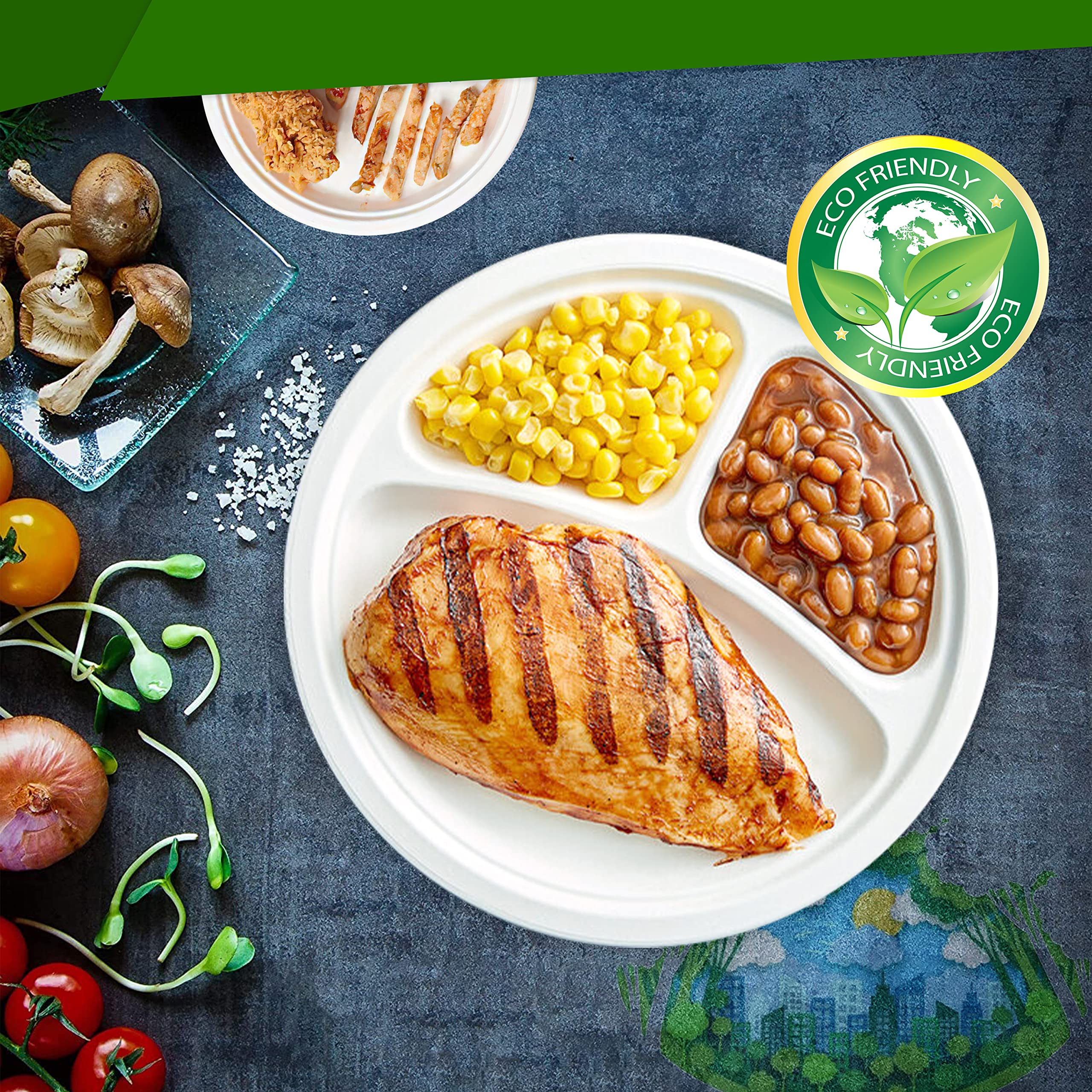 SIMOND STORE 10 Inch Compostable Paper Plates [125 Pack] - 3 Compartment Biodegradable Sugarcane Bagasse Plates for Parties, BBQ, Wedding & Events - Heavy Duty Eco-Friendly Disposable Dinnerware for Picnics, Catering & Family Gatherings