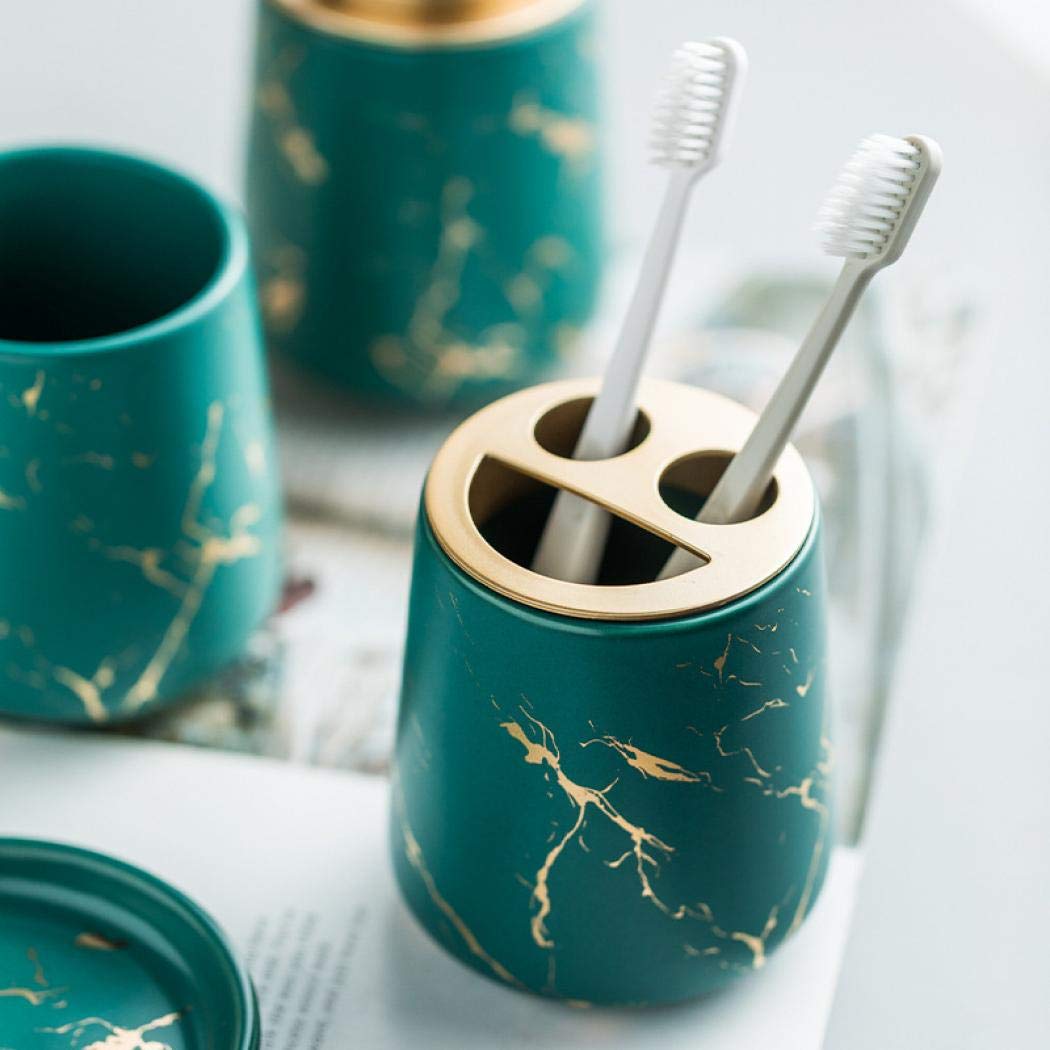 Luxury 4-Piece Marble Pattern Ceramic Bathroom Accessories Set - Soap Dispenser, Toothbrush Holder, Tumbler & Tray - Modern Bathroom Decor for Home & Hotel (Dark Green) | Elegant Spa-Style Upgrade for Master Bath & Guest Powder Room