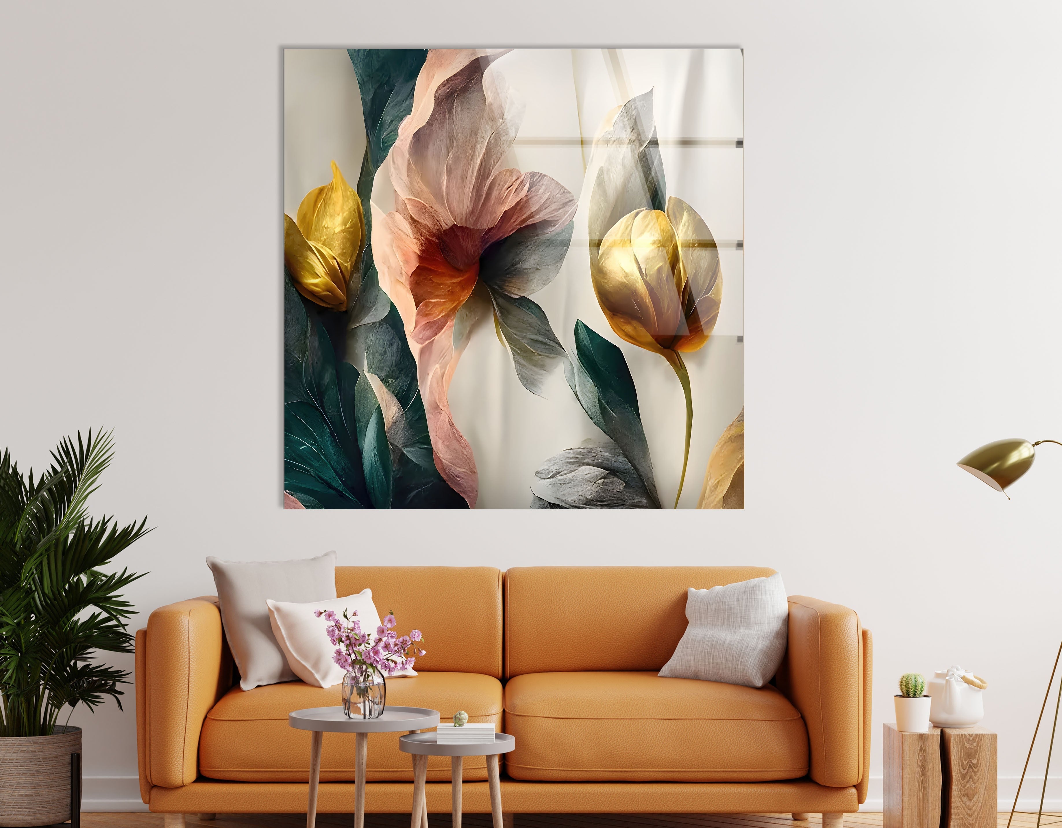Abstract Golden Details Pink Flower Glass Wall Art - Modern Home Decor for Living Room, Bedroom & Office - Elegant Handmade Glass Painting for Wall