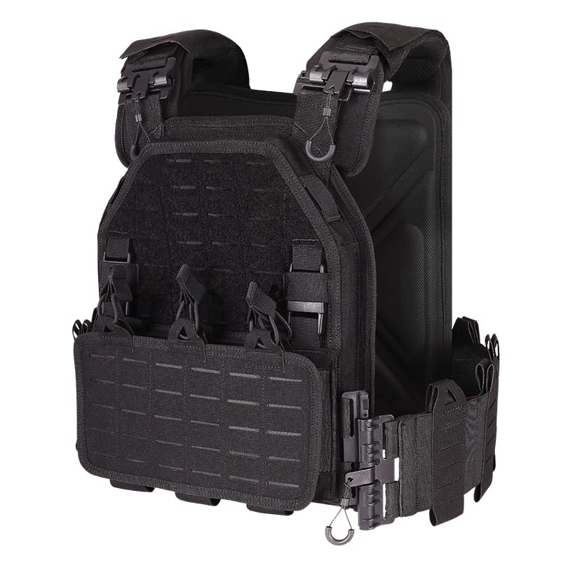 YAKEDA 1000D Nylon Tactical Vest for Men - Quick Release Laser-Cut Modular Lightweight Outdoor Vest, Black, One Size (Fits Backpack) - Perfect for Hiking, Camping, Airsoft & Military Training