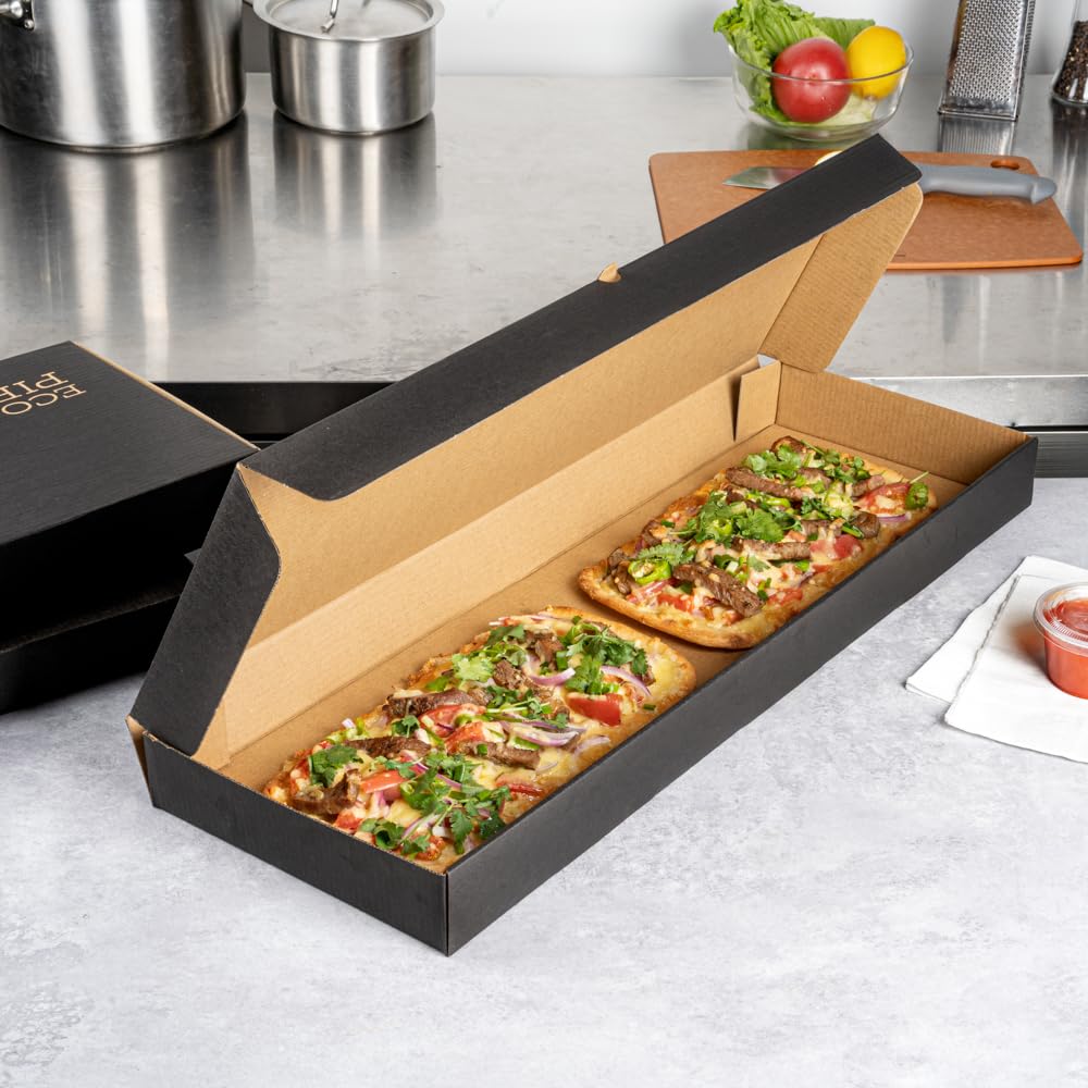 Eco-Friendly 24 x 12 x 2 Inch Flatbread Takeaway Boxes - 50 Pack Sturdy Corrugated Pizza Boxes with E-Flute Design & Tab-Lock System | Black & Kraft Paper Disposable Food Containers for Flatbreads, Pizzas, and Catering Events