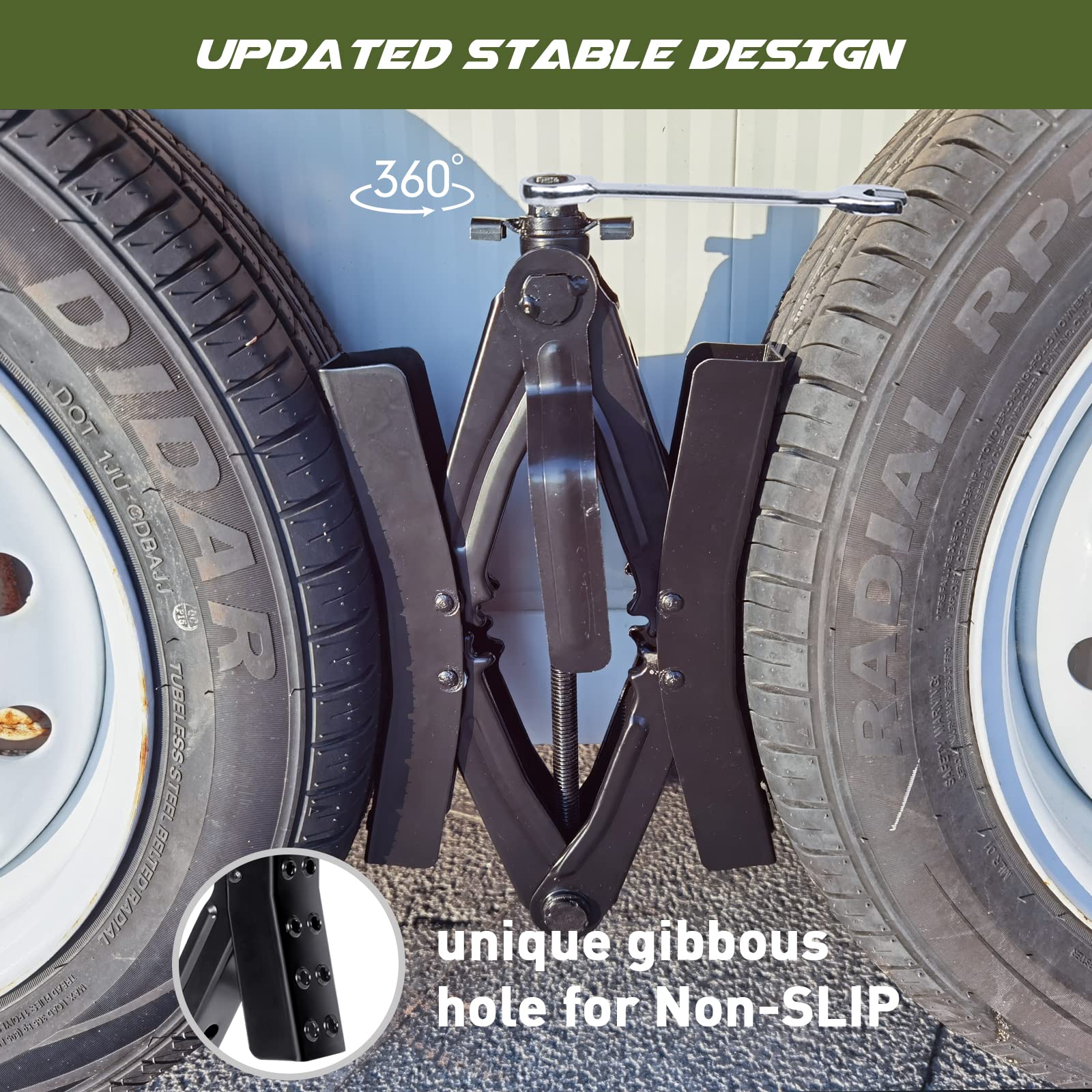 RV Camper Wheel Chocks & Stabilizers - Heavy Duty Scissor Tire Locks for Travel Trailers (2 Sets with Wrench, Fits 3.5