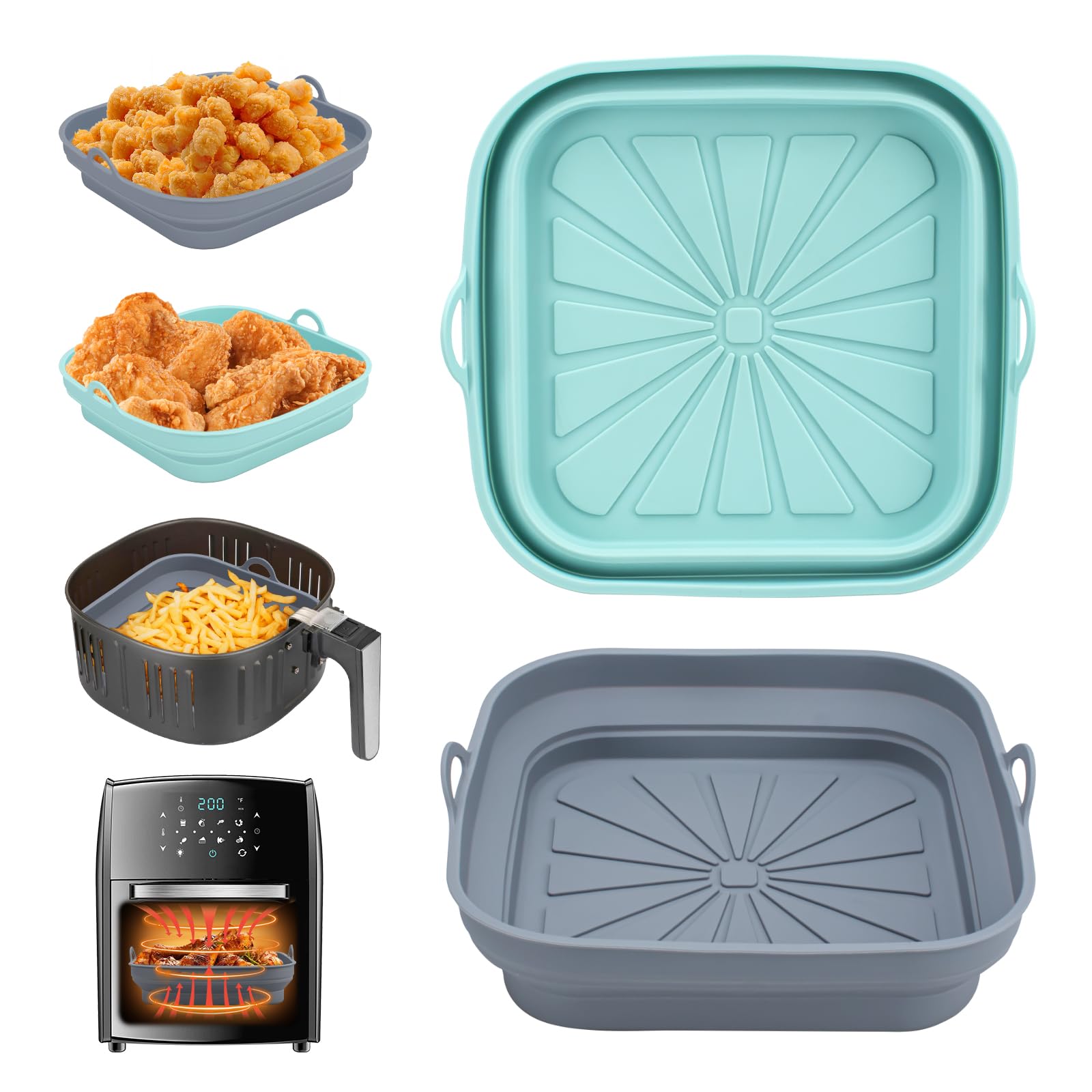 Alyvisun Silicone Air Fryer Basket Mold, 2-Piece Reusable Square Pan & Foldable Liner for Hot Air Fryer, Microwave & Oven (Blue + Gray) – Perfect for Healthy Cooking, Meal Prep & Snacks
