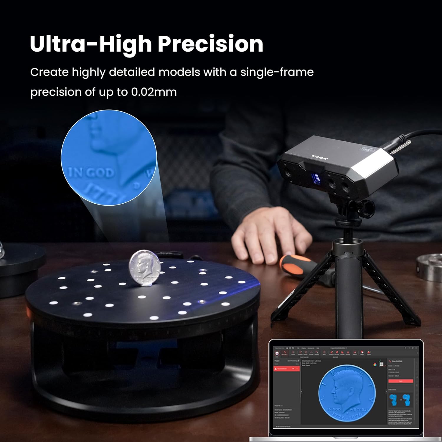 Revopoint MINI 2 Handheld 3D Scanner for 3D Printing - High Precision 0.02mm, Industrial Blue Light Technology, Full Color Scanning for Dental, Jewelry & Small Objects - Perfect for 3D Modeling, Reverse Engineering & DIY Projects
