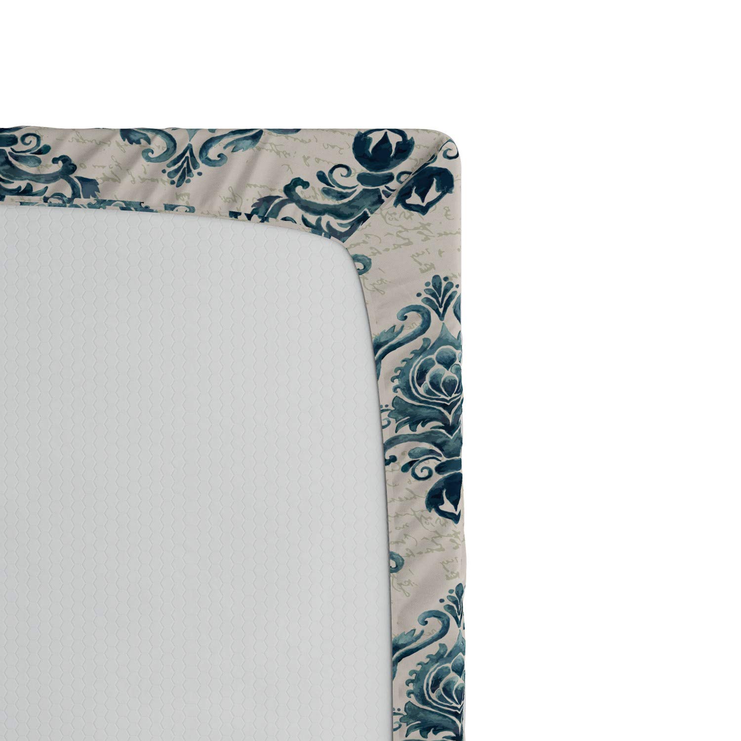 Ambesonne Damask Fitted Sheet - Baroque Floral & Handwriting Design, Deep Pocket Elastic Twin Size Bed Sheet in Tan Petrol Blue | Luxury Comfort for Guest Rooms, Dorms & Airbnb Stays