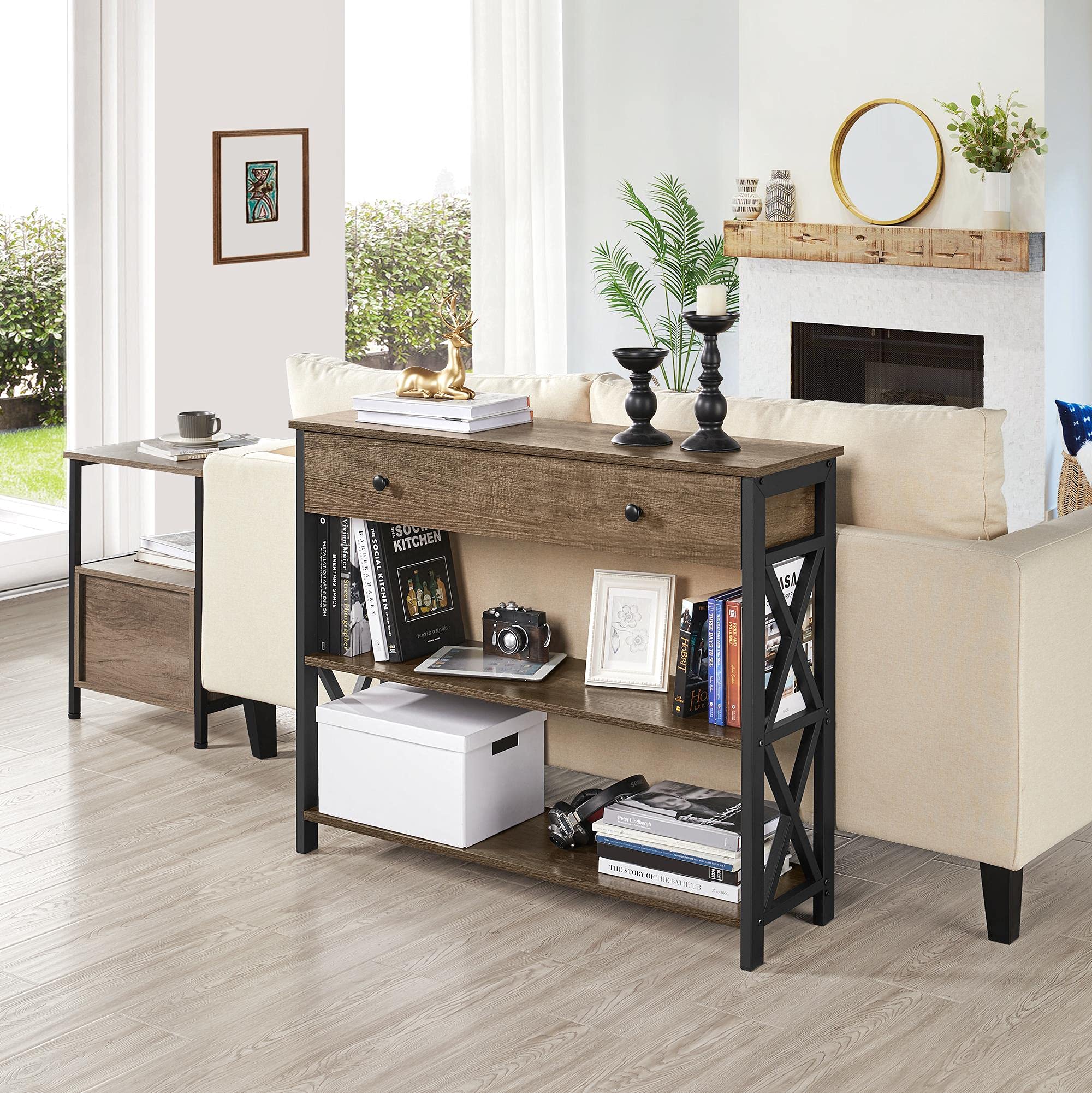 Topeakmart 3-Tier Industrial Console Table with Storage Drawer - Sturdy X-Design Sofa Table for Entryway, Hallway & Living Room - Taupe Wood Finish - Perfect for Small Spaces, Home Decor & Organization