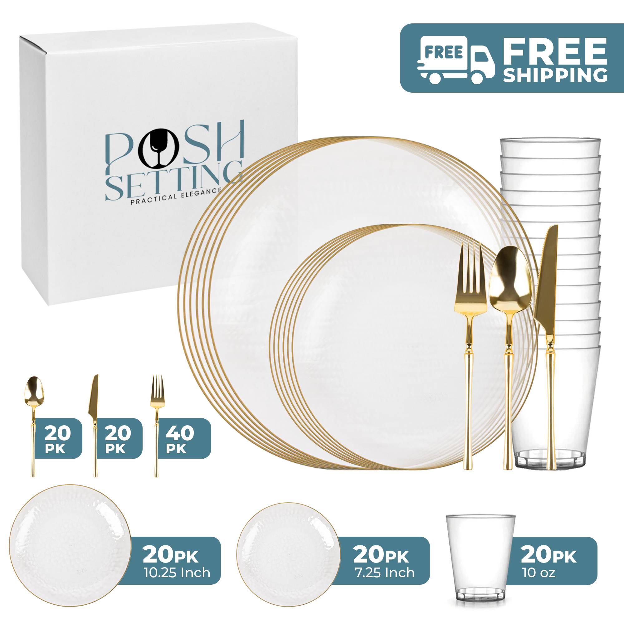 Clear & Gold Plastic Party Bundle - Organic Hammered Disposable Tableware Set for Birthday, Wedding & Holiday Celebrations - Perfect for Outdoor Events, Picnics & Festive Gatherings