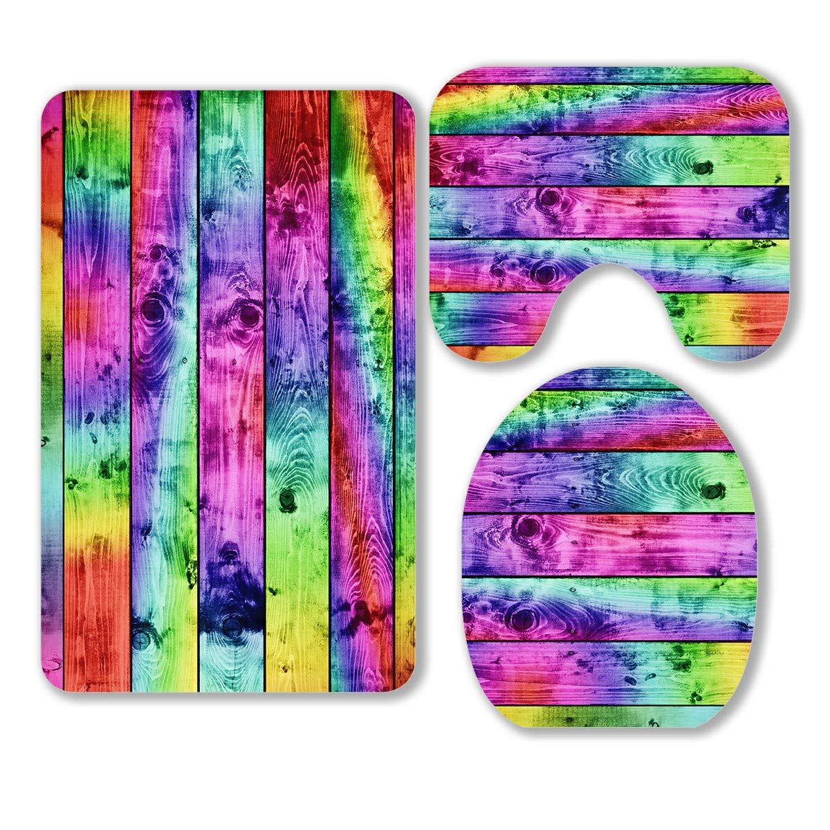 Vintage Style 3-Piece Bathroom Rug Set - Colorful Wood Plank Design Contour Mat & Toilet Lid Cover | Non-Slip Bath Mats for Vintage Decor, Farmhouse Bathroom, Guest Bath Essentials