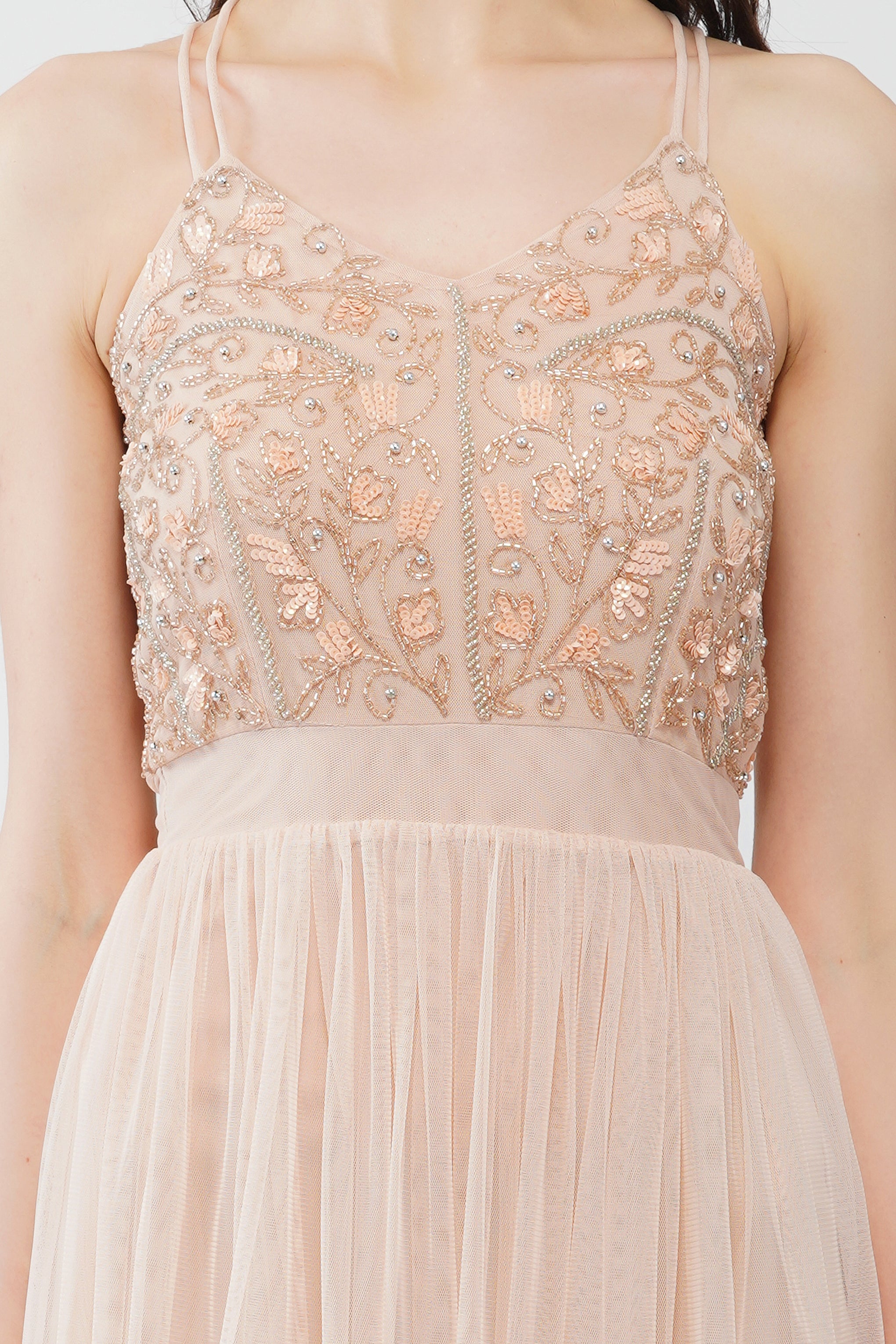 Elegant Ursa Blush Pink Embellished Maxi Dress for Women - Perfect for Weddings, Parties & Special Occasions