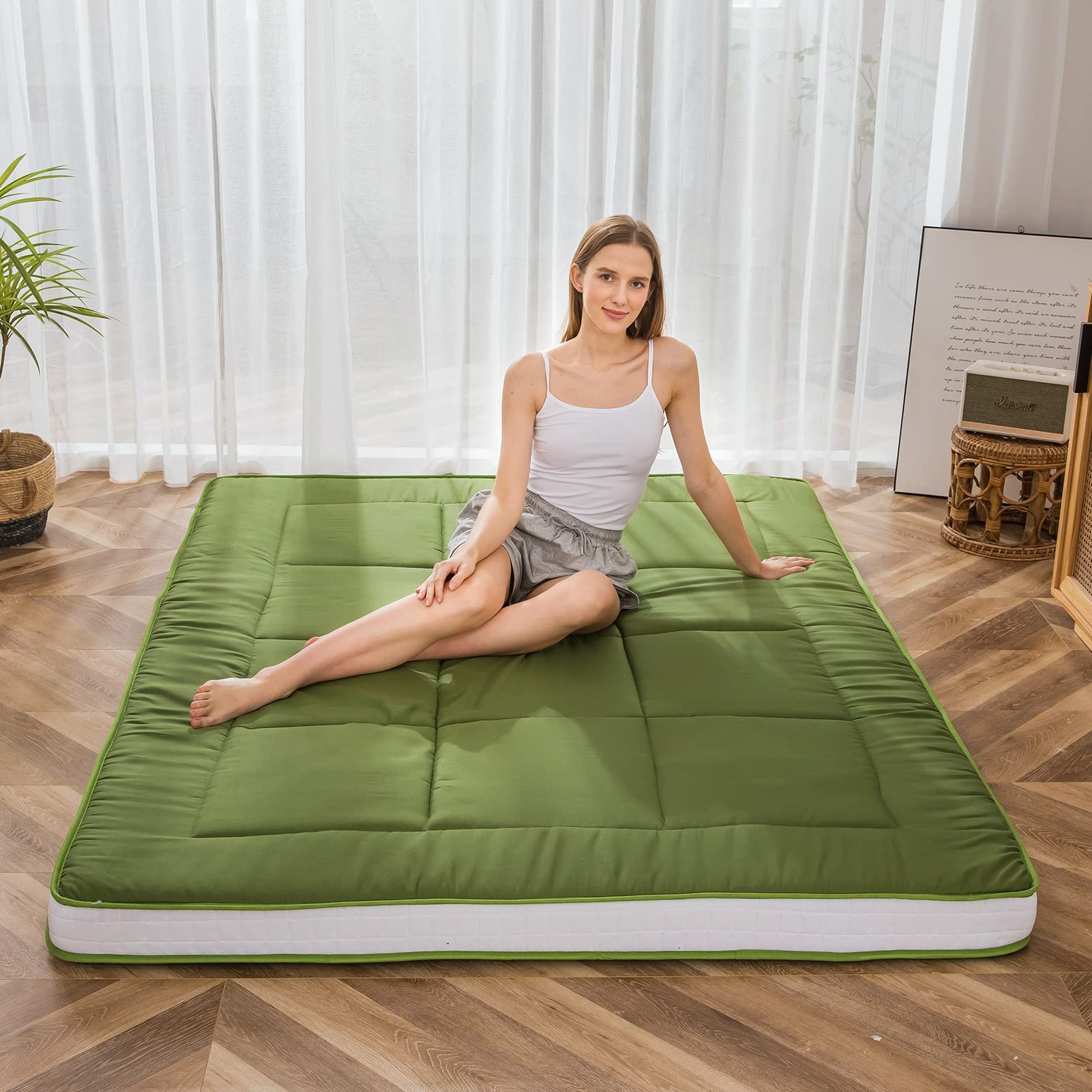 MAXYOYO Futon Mattress - Extra Thick Japanese Floor Mattress & Quilted Bed Topper | Breathable Folding Sleeping Pad for Camping, Guest Bed & Couch Lounger | Twin Size Green Mattress | Perfect for Small Spaces, Sleepovers & Outdoor Adventures