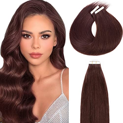 Loxxy 20-Inch Real Human Hair Tape-In Extensions - Natural Straight Soft Brazilian Hair - Double Sided Invisible Tape - Red Burgundy Color - 20 Pieces (50g) - Perfect for Volume, Length & Styling for Parties, Weddings & Daily Wear