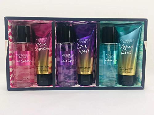 Victoria's Secret Love Spell, Aqua Kiss & Pure Seduction Fragrance Mist & Lotion Gift Set - Romantic Perfume Body Spray & Moisturizer for Women - Perfect for Valentine's Day, Anniversary & Date Night Gifts