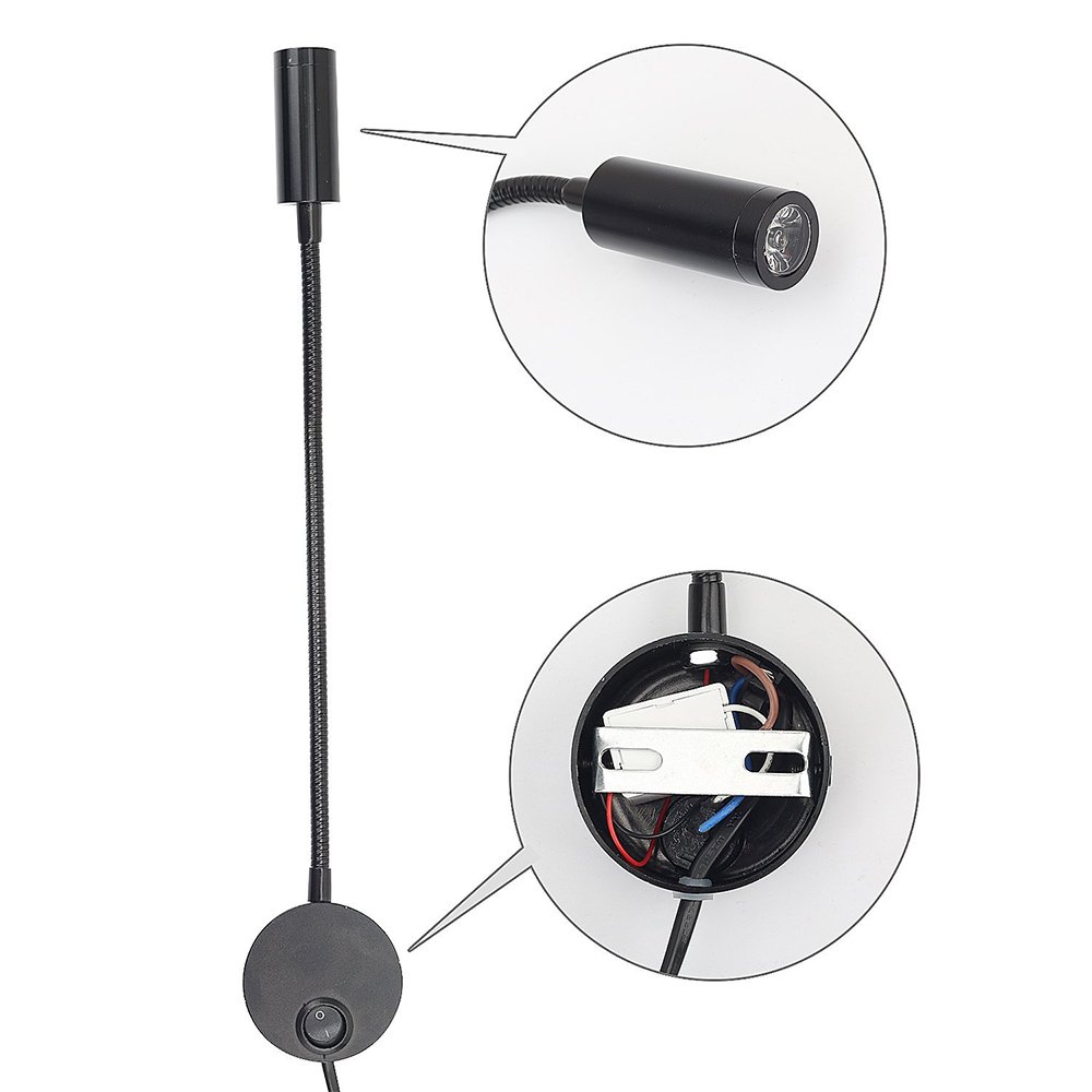 Youngine 3W Flexible Gooseneck Wall Sconce Lamp - Adjustable Reading Light & Art Display Accent Fixture with On/Off Switch (Black, Warm White) - Perfect for Bedroom, Study, Gallery & Home Decor Lighting