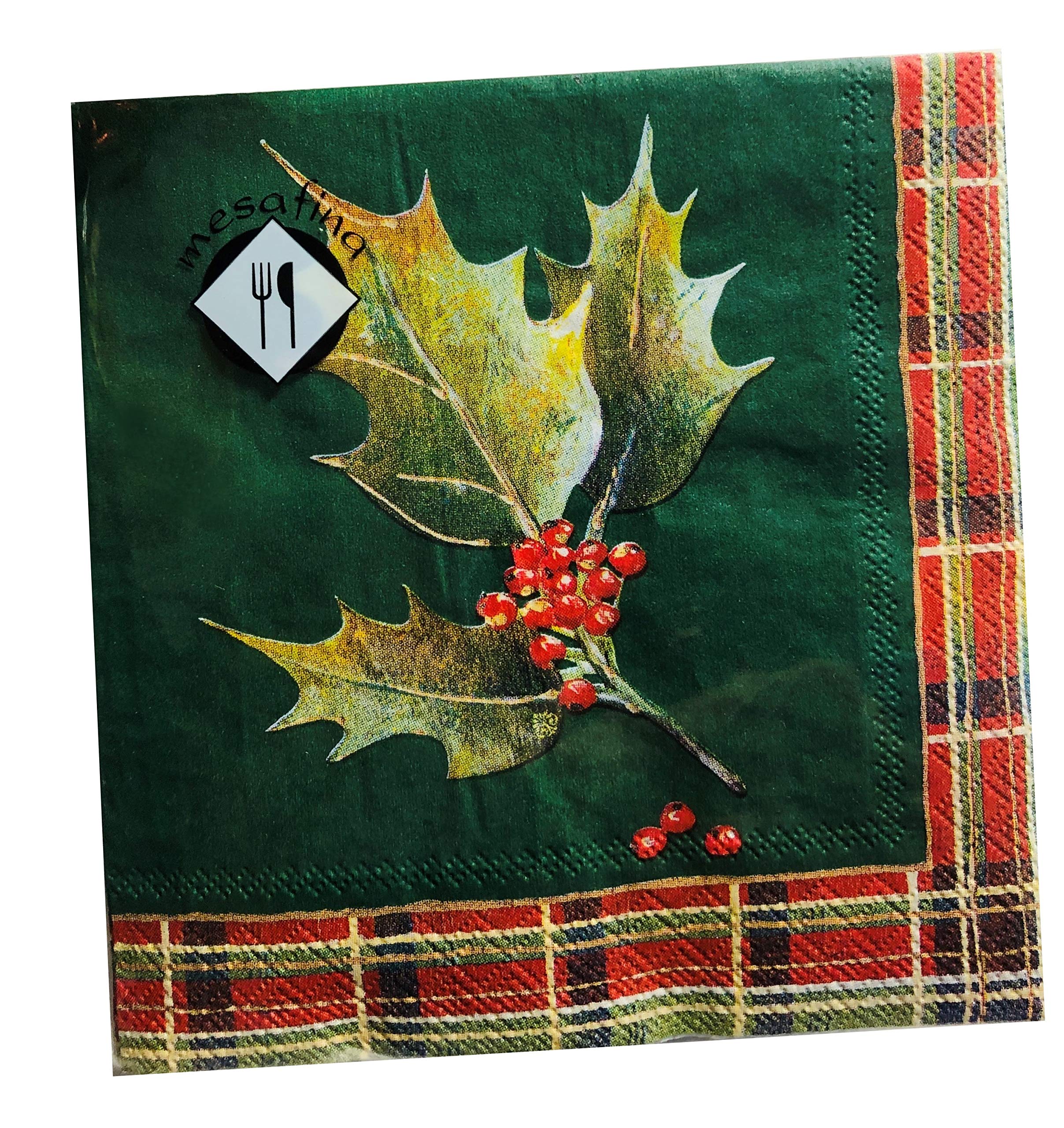 40-Count 5x5 Holly Christmas Napkins - Decorative Holiday Dinner & Cocktail Paper Napkins for Christmas Parties, Decoupage, and Beverage Service