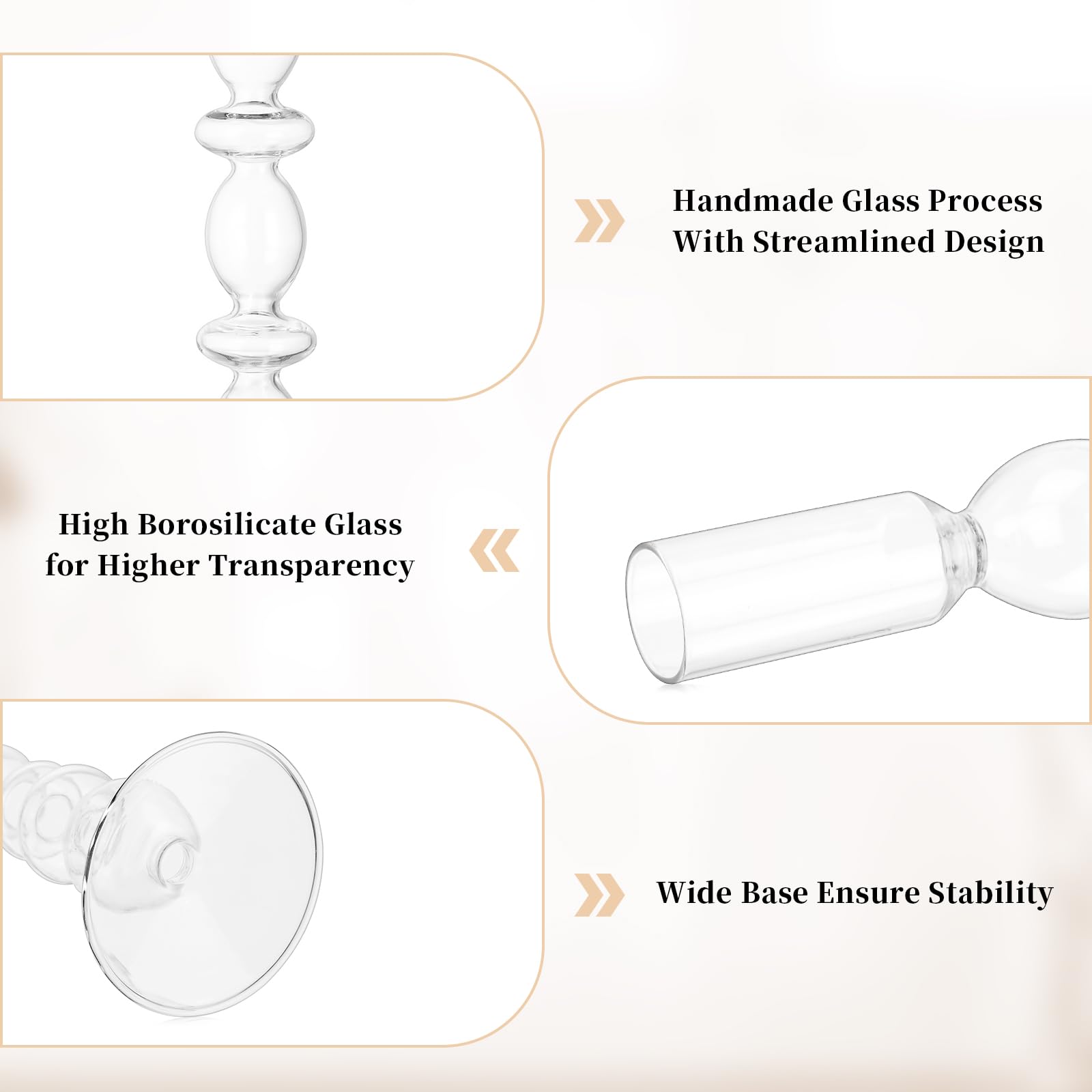 Glasseam Clear Glass Candle Stick Holders Set of 3 - Modern Taper Candle Holders for Wedding, Christmas & Home Decor - Elegant Table Centerpiece for Dining Room, Party & Holiday Decorations