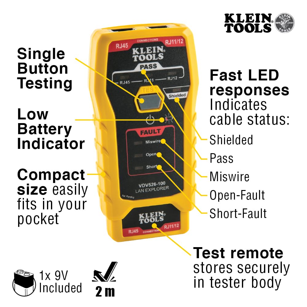 Klein Tools 80093 Professional VDV LAN Cable Tester Kit - Includes LAN Tester, Pass Thru Crimper, CAT6/CAT5e Plugs & Strain Relief Boots (5-Piece Set) for Network Installation & Maintenance